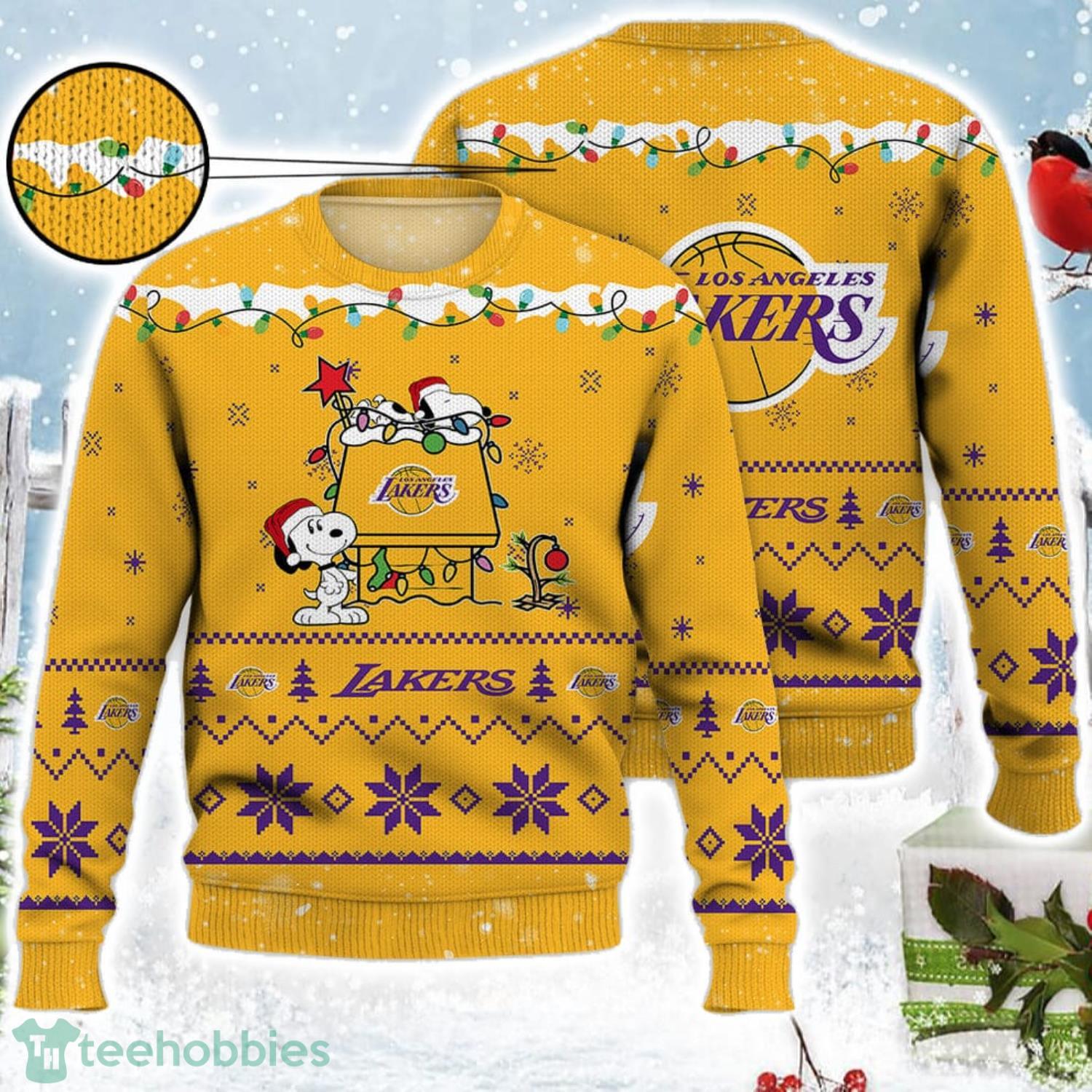 Los Angeles Lakers Snoopy Christmas Light Woodstock Snoopy Ugly Christmas Sweater Product Photo 1