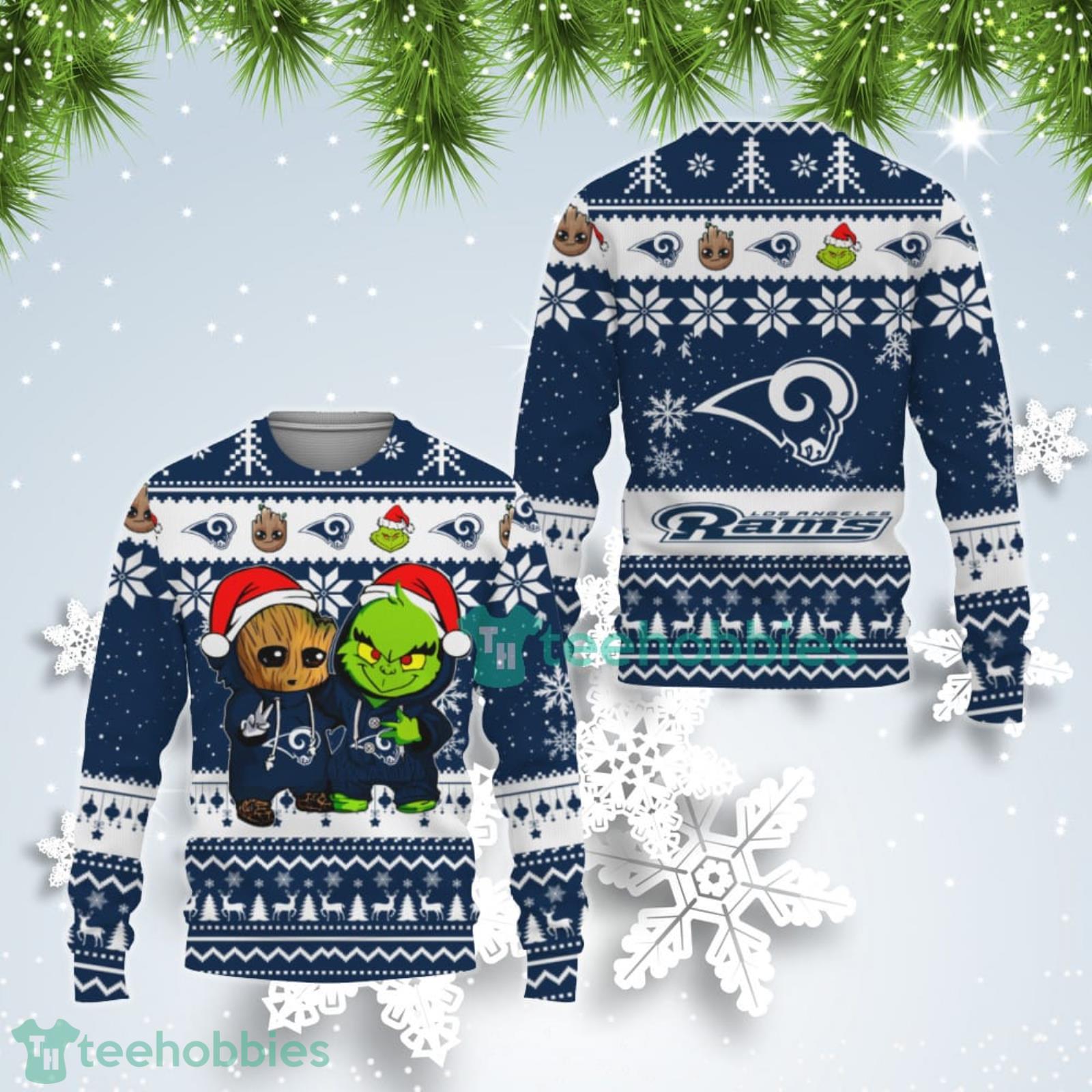 Los Angeles Rams Baby Groot And Grinch Best Friends Ugly Christmas Sweater Product Photo 1