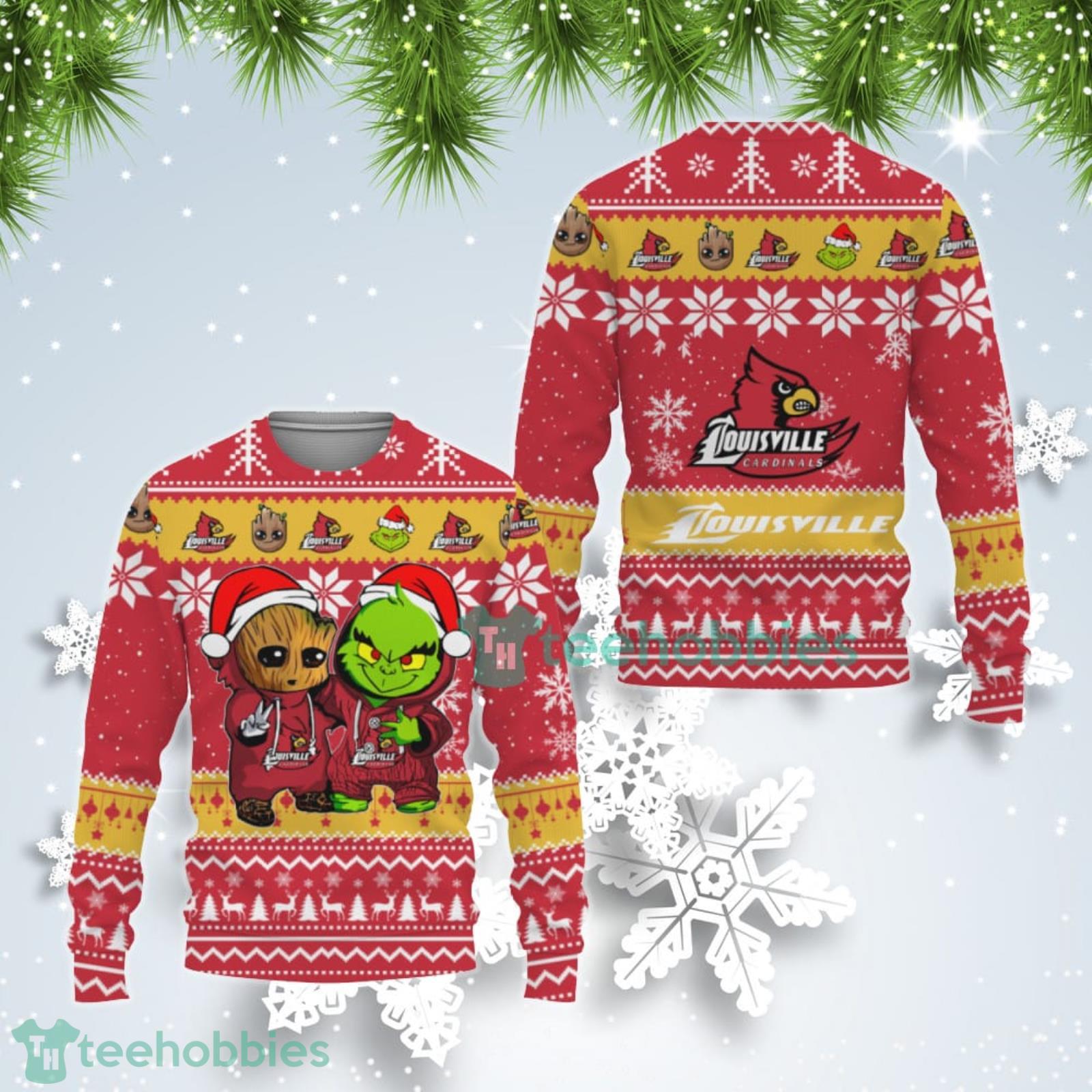 Louisville Cardinals Baby Groot And Grinch Best Friends Ugly Christmas Sweater Product Photo 1