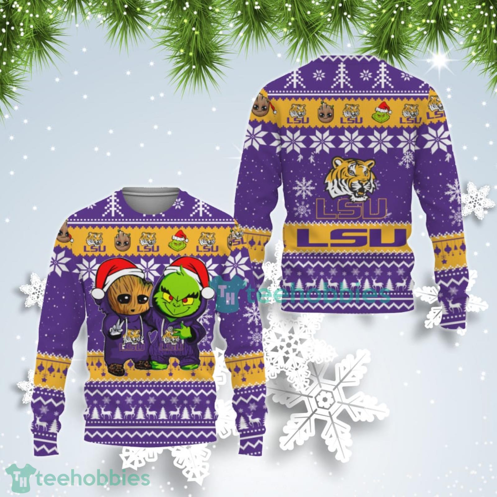 LSU Tigers Baby Groot And Grinch Best Friends Ugly Christmas Sweater Product Photo 1