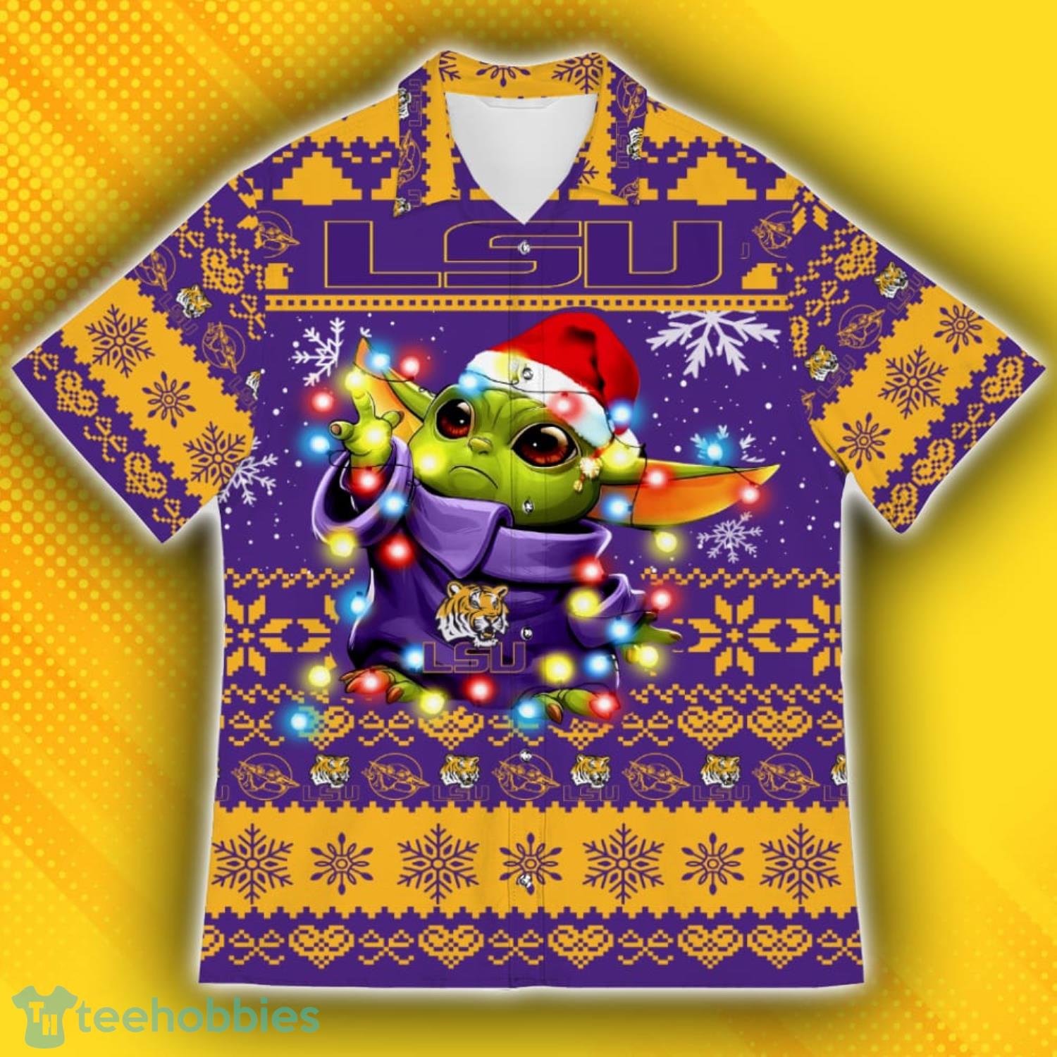 LSU Tigers Baby Yoda Star Wars Ugly Christmas Sweater Pattern Hawaiian Shirt Product Photo 2