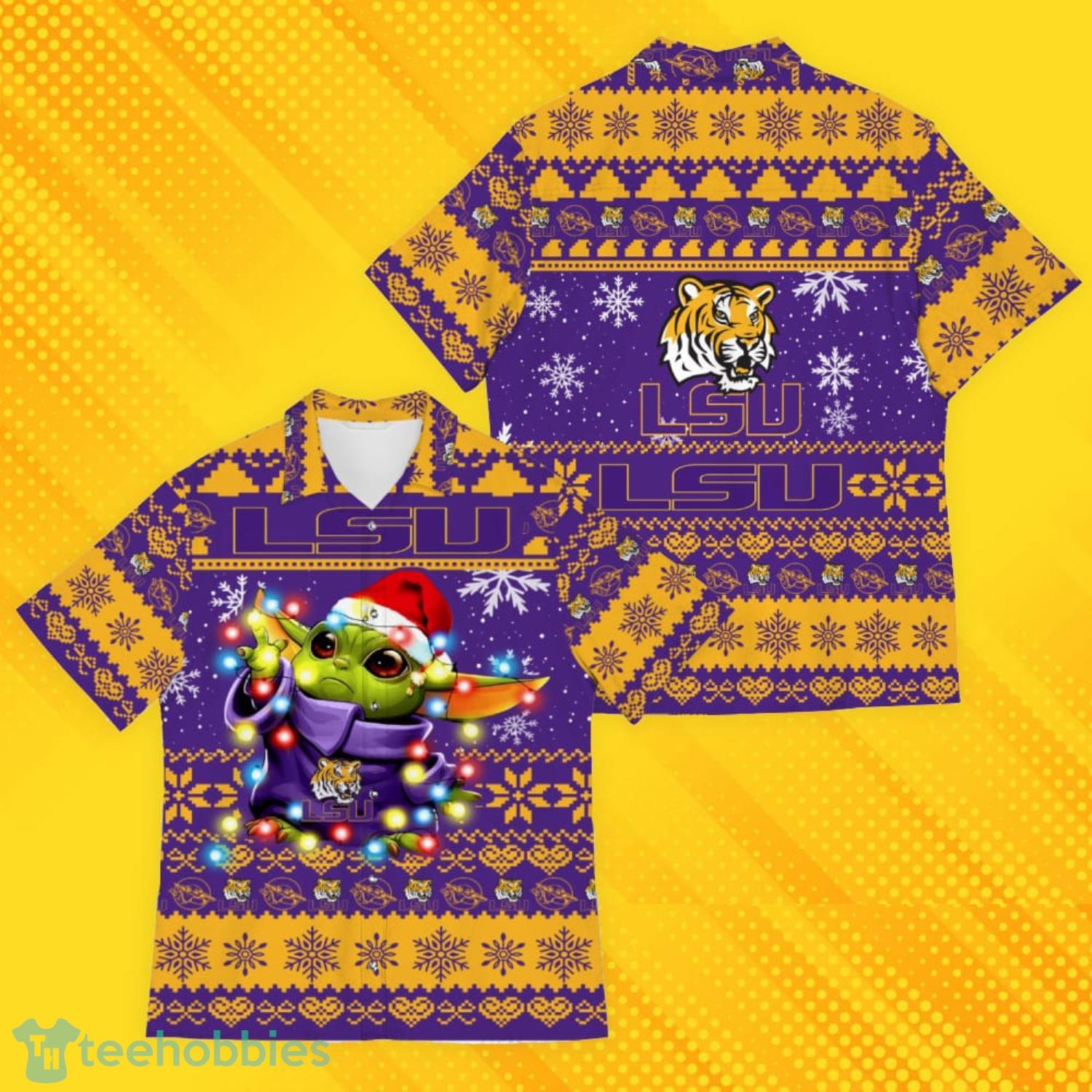 LSU Tigers Baby Yoda Star Wars Ugly Christmas Sweater Pattern Hawaiian Shirt Product Photo 4