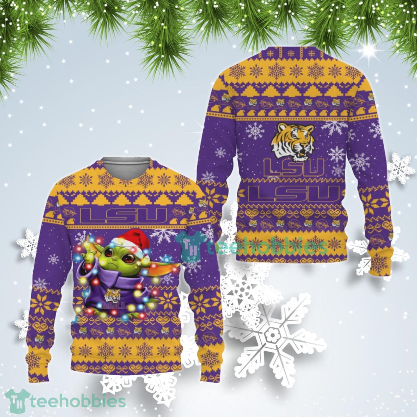 LSU Tigers Cute Baby Yoda Star Wars Ugly Christmas Sweater Product Photo 1
