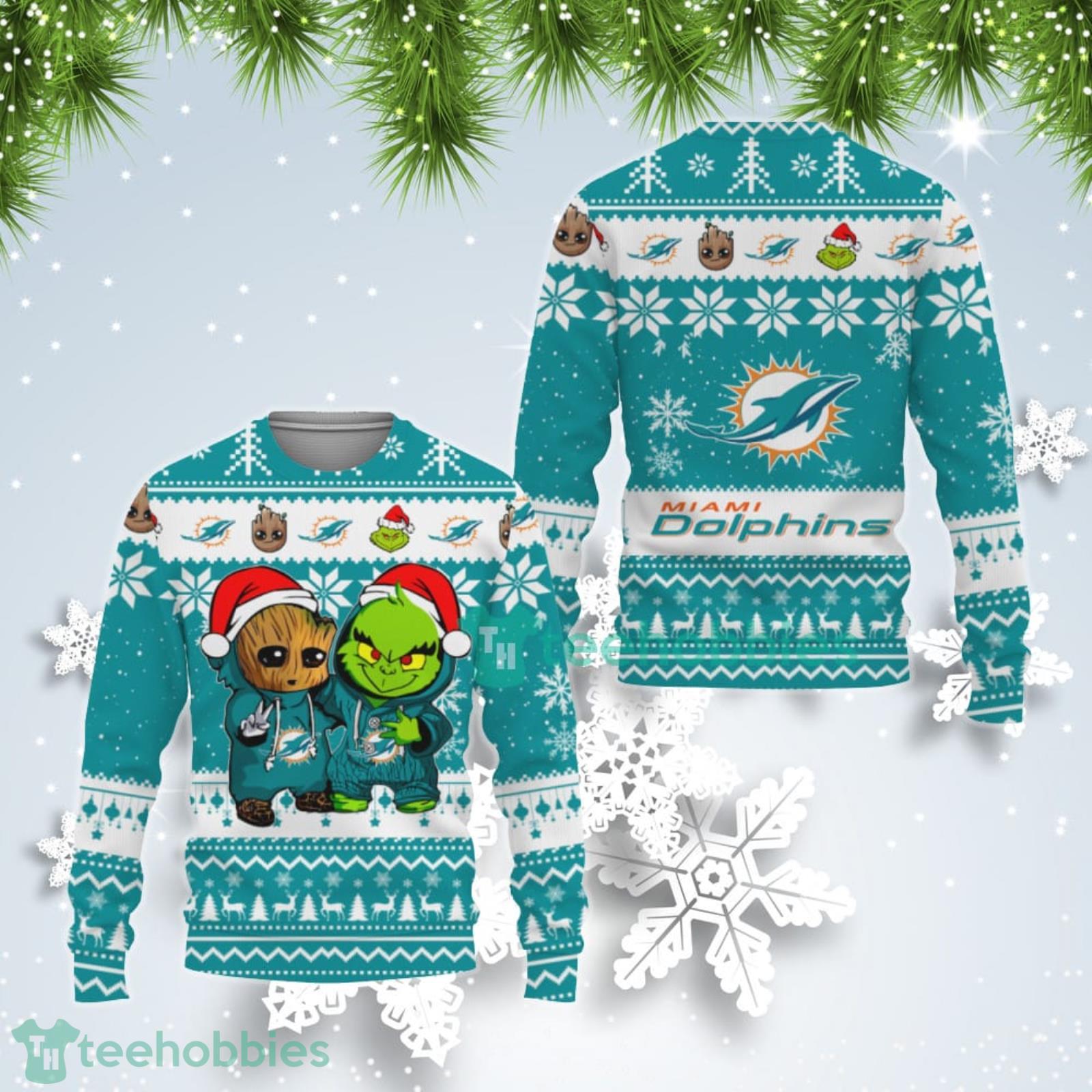 Miami Dolphins Baby Groot And Grinch Best Friends Ugly Christmas Sweater Product Photo 1