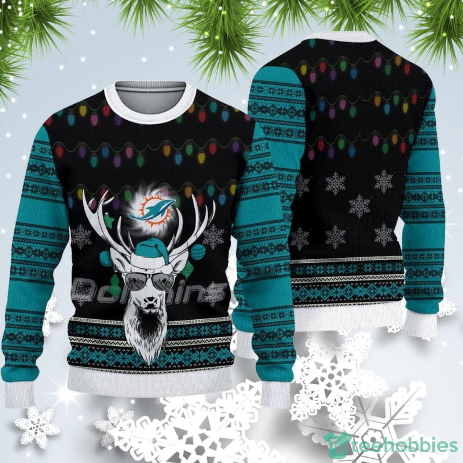 Miami Dolphins Christmas Light Reindeer Ugly Christmas Sweater