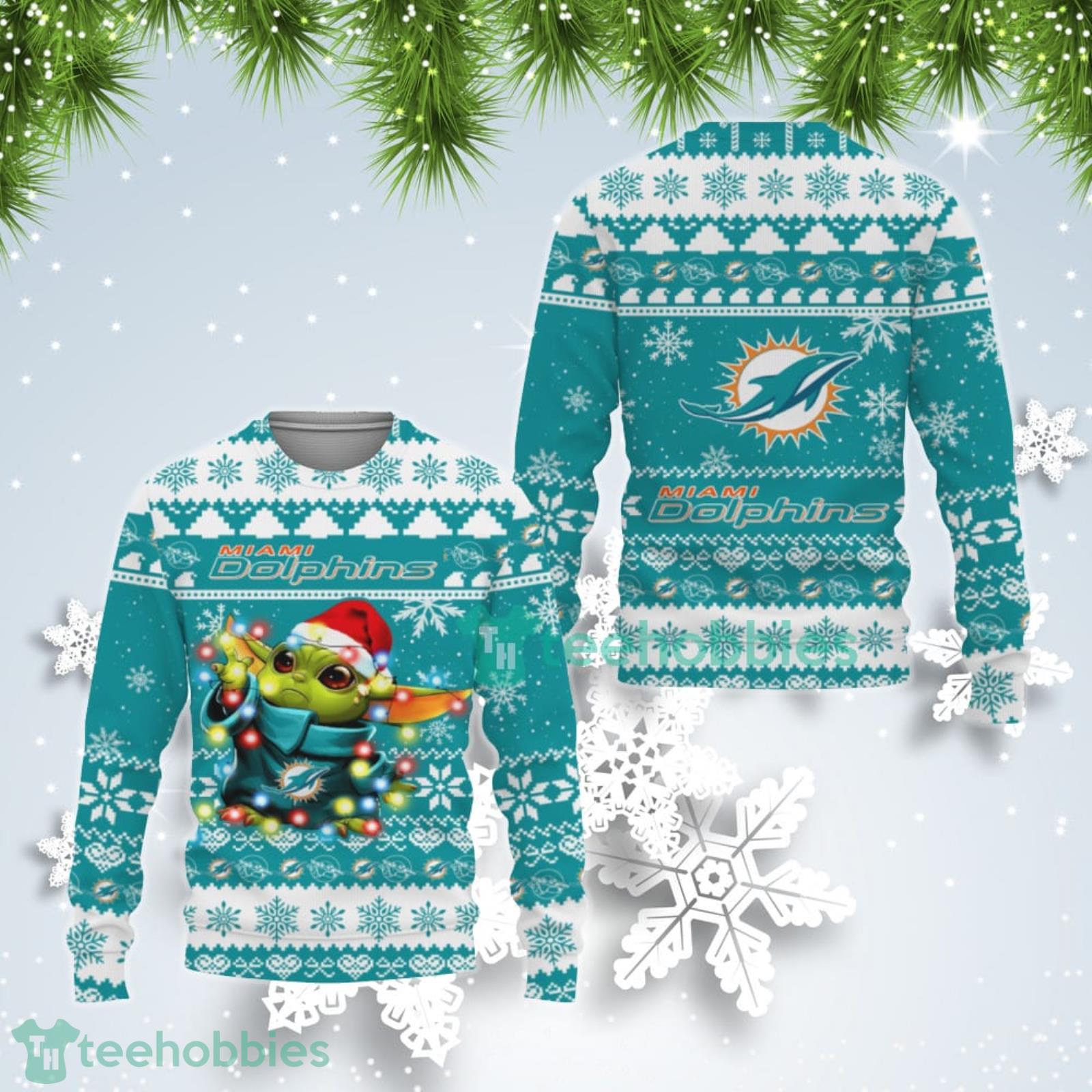 Miami Dolphins Cute Baby Yoda Star Wars Ugly Christmas Sweater Product Photo 1