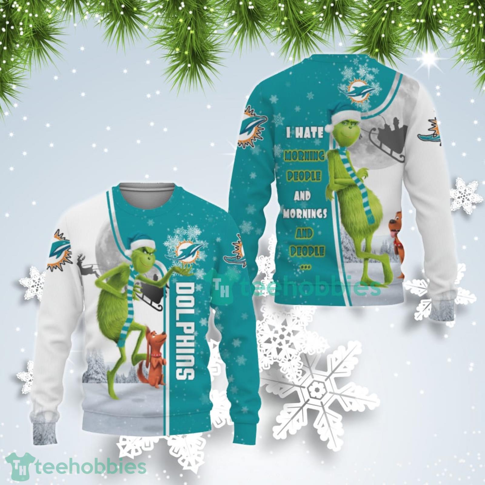 Miami Dolphins Funny Grinch I Hate Morning People Ugly Christmas Sweater Product Photo 1