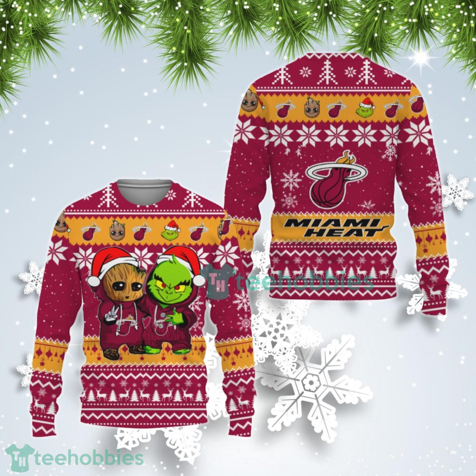 Miami Heat Baby Groot And Grinch Best Friends Ugly Christmas Sweater Product Photo 1
