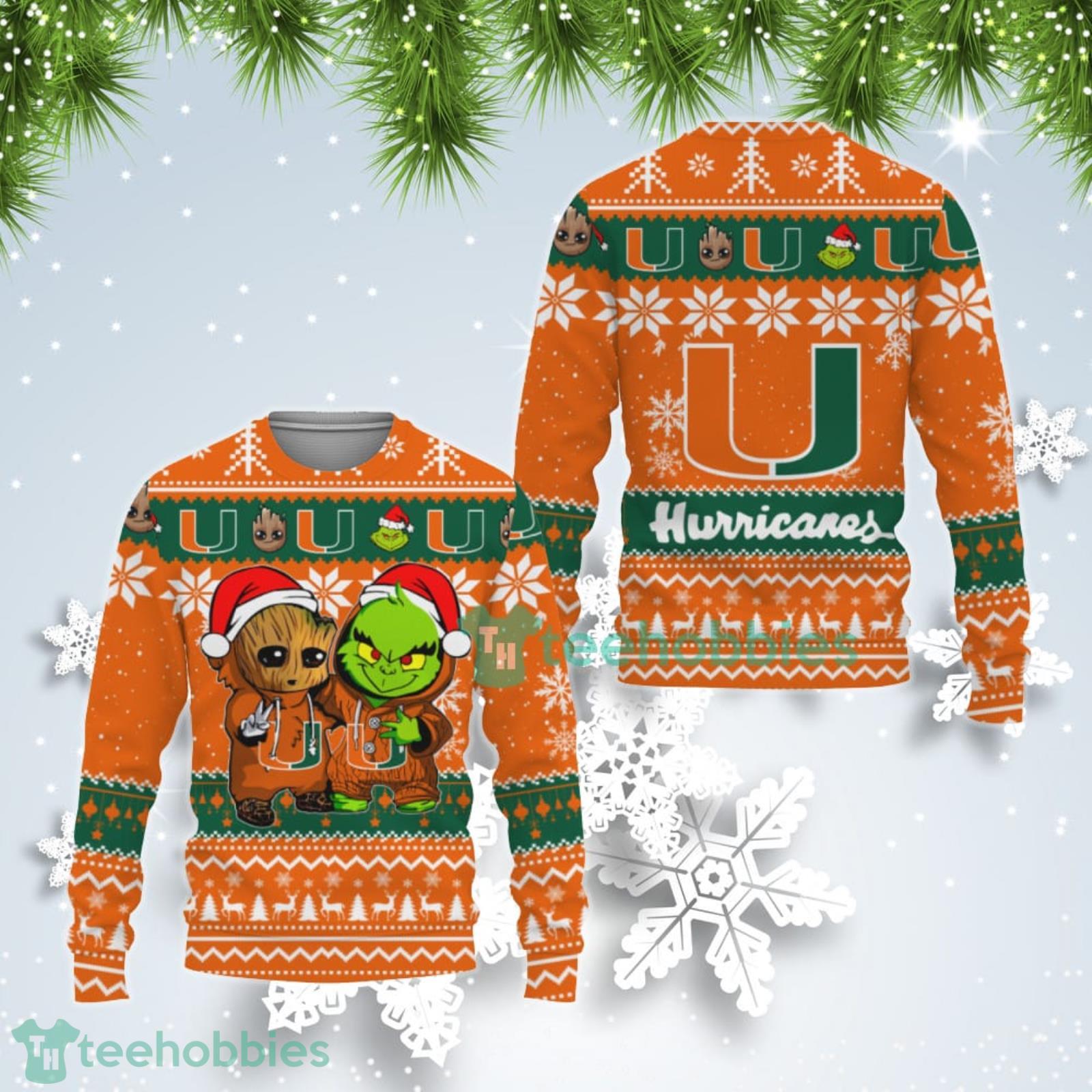 Miami Hurricanes Baby Groot And Grinch Best Friends Ugly Christmas Sweater Product Photo 1