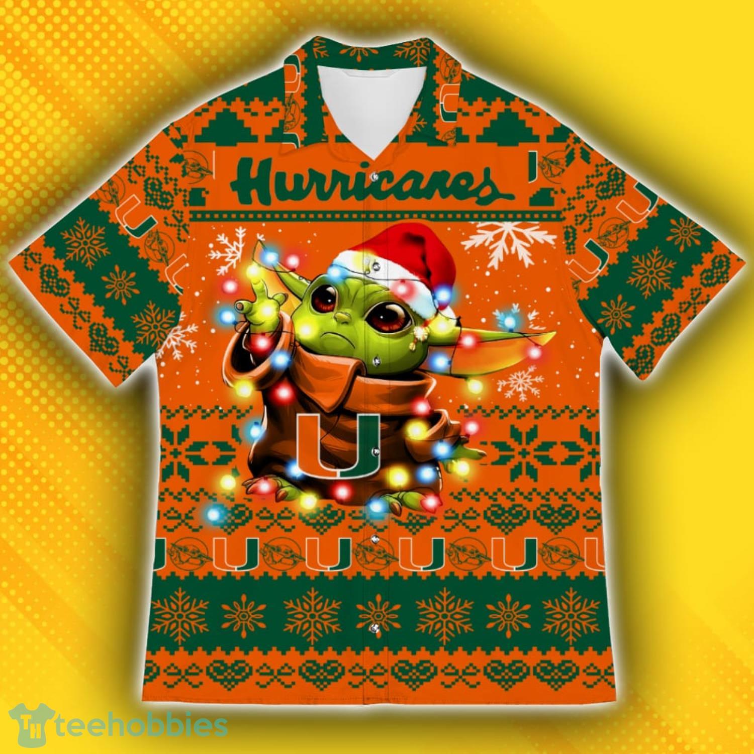 Miami Hurricanes Baby Yoda Star Wars Ugly Christmas Sweater Pattern Hawaiian Shirt Product Photo 2