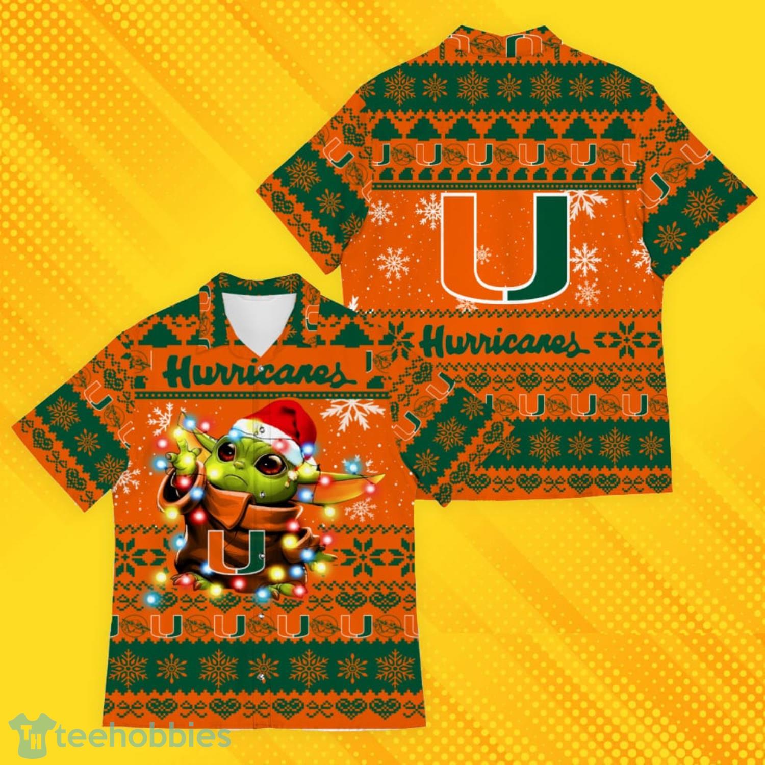 Miami Hurricanes Baby Yoda Star Wars Ugly Christmas Sweater Pattern Hawaiian Shirt Product Photo 4
