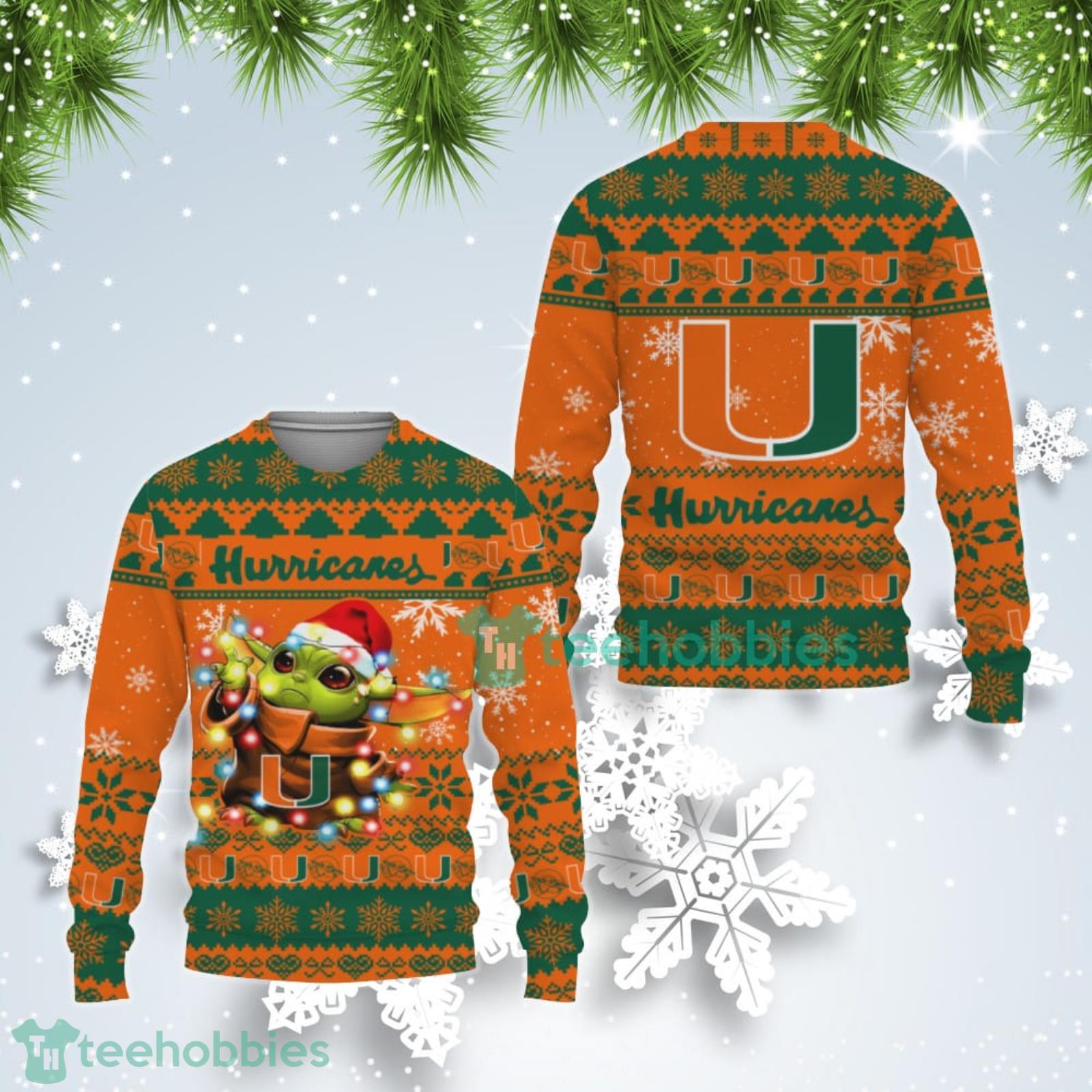 Miami Hurricanes Cute Baby Yoda Star Wars Ugly Christmas Sweater Product Photo 1