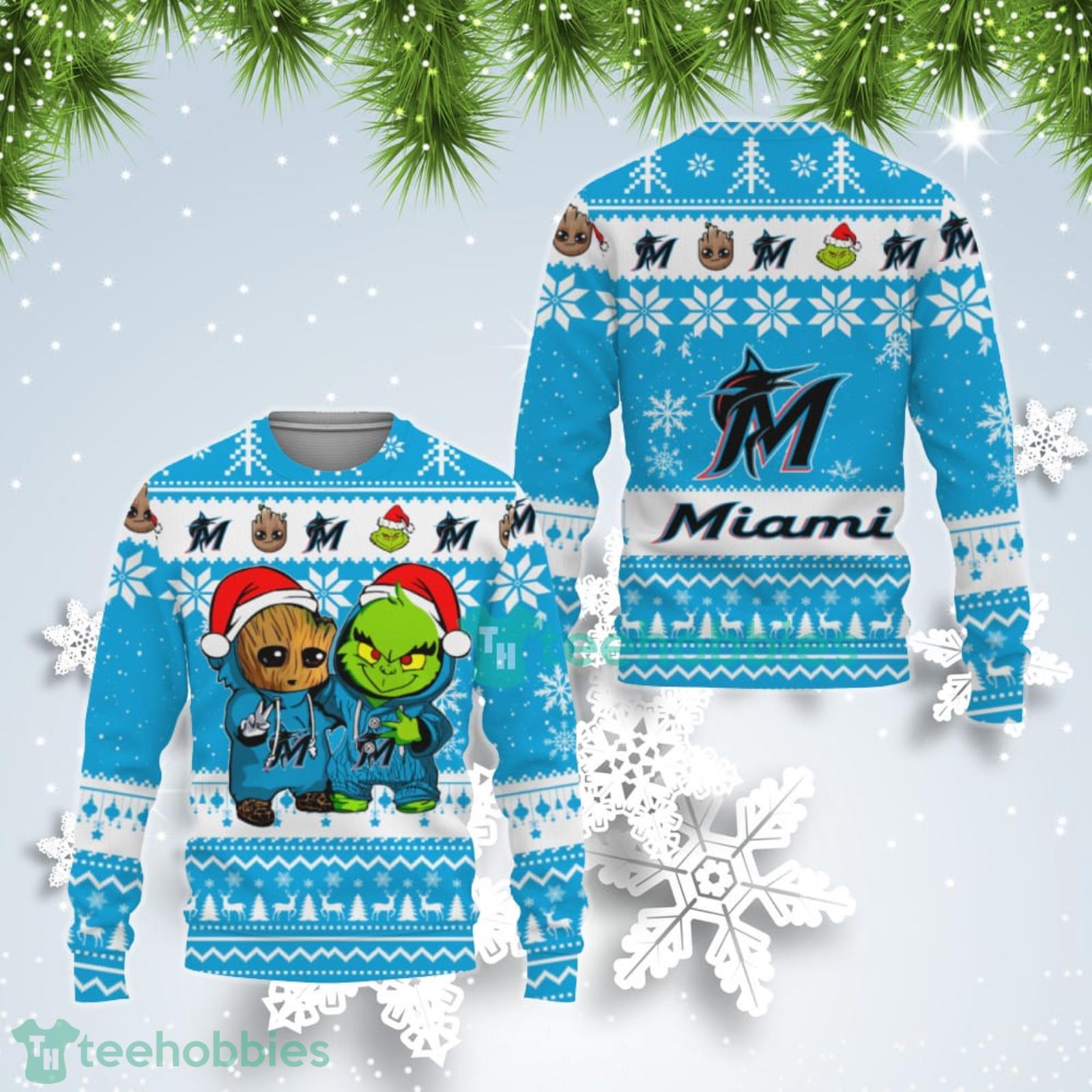 Miami Marlins Baby Groot And Grinch Best Friends Ugly Christmas Sweater Product Photo 1