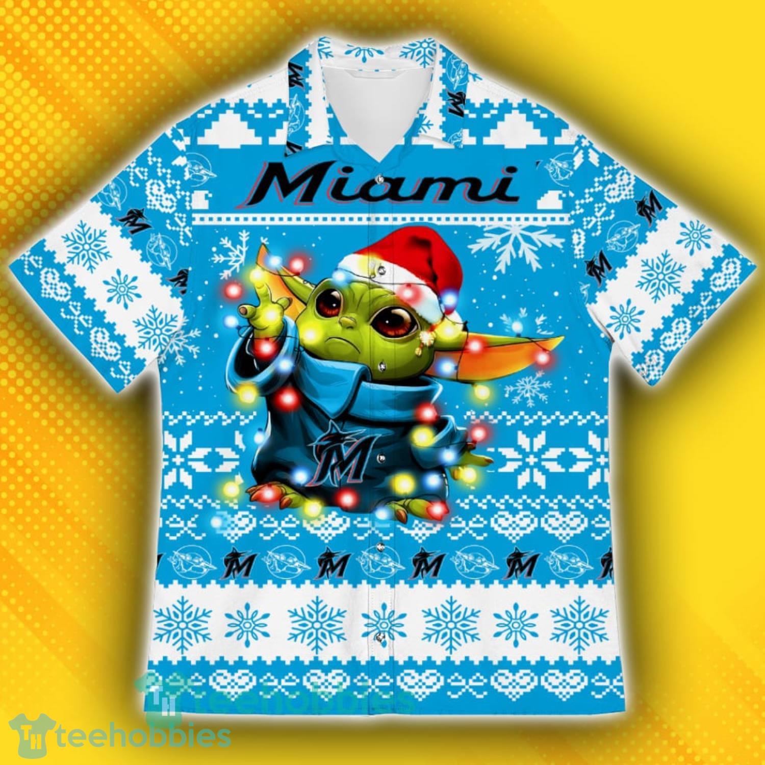 Miami Marlins Baby Yoda Star Wars Sports Football American Ugly Christmas Sweater Pattern Hawaiian Shirt Product Photo 2