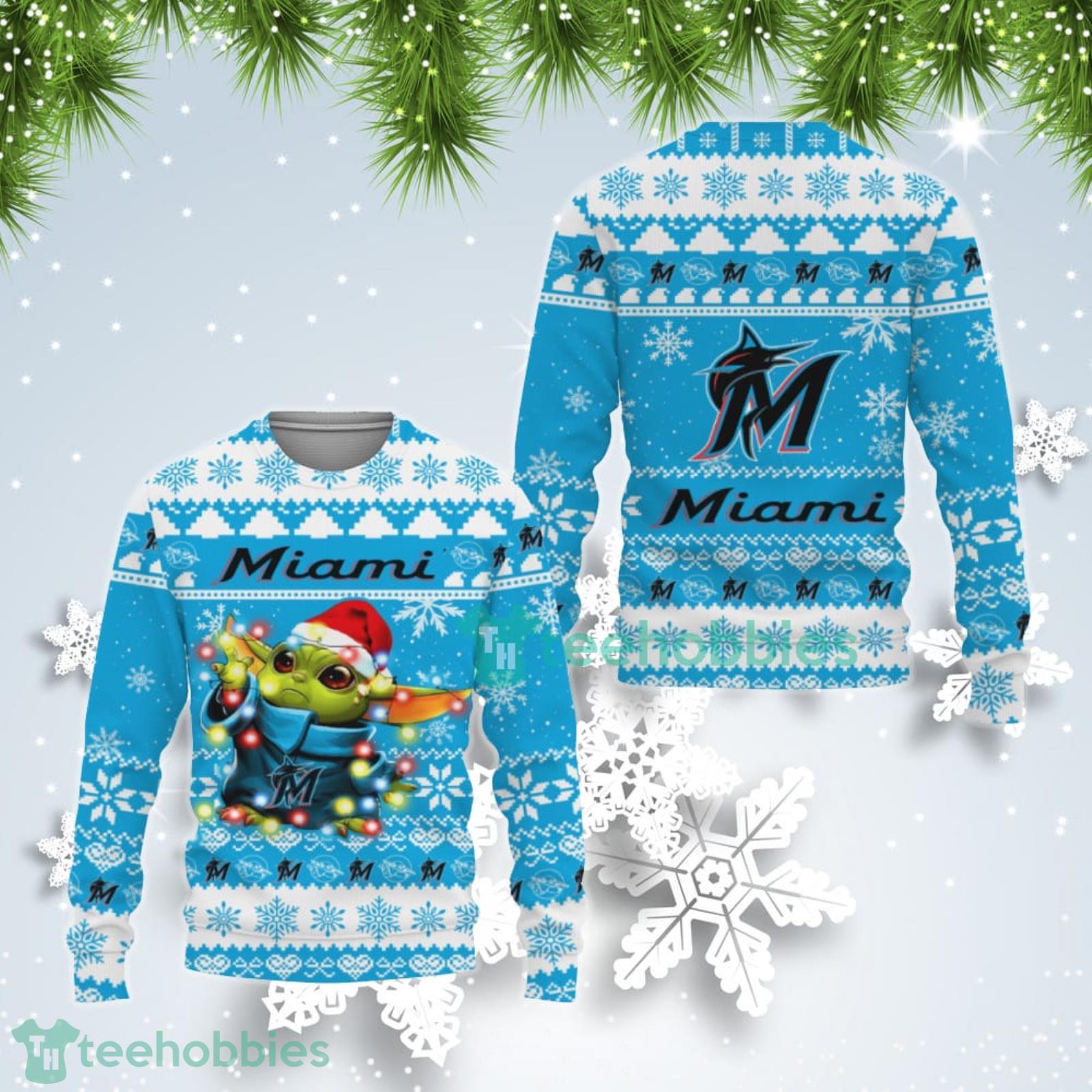Miami Marlins Cute Baby Yoda Star Wars Ugly Christmas Sweater Product Photo 1