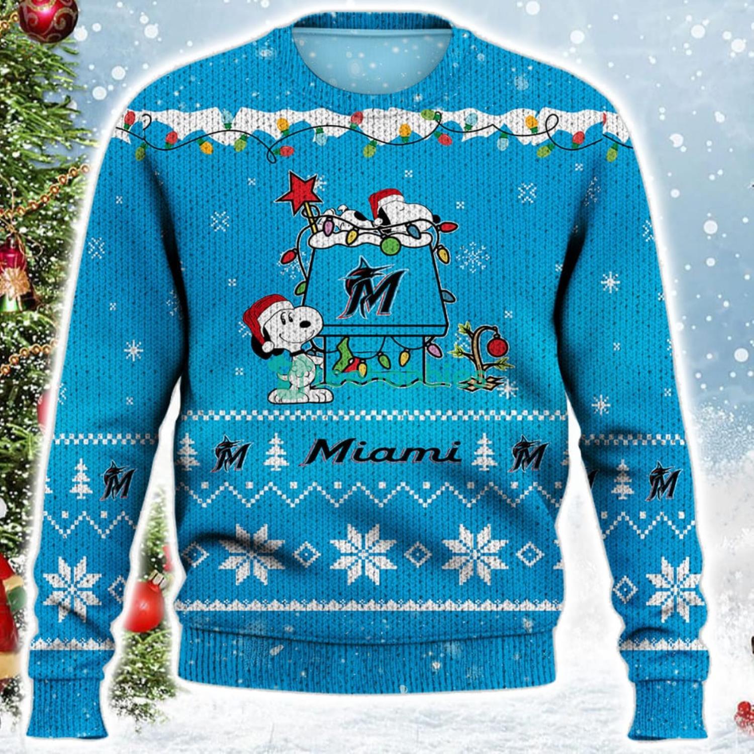 Miami Marlins Snoopy Christmas Light Woodstock Snoopy Ugly Christmas Sweater Product Photo 2