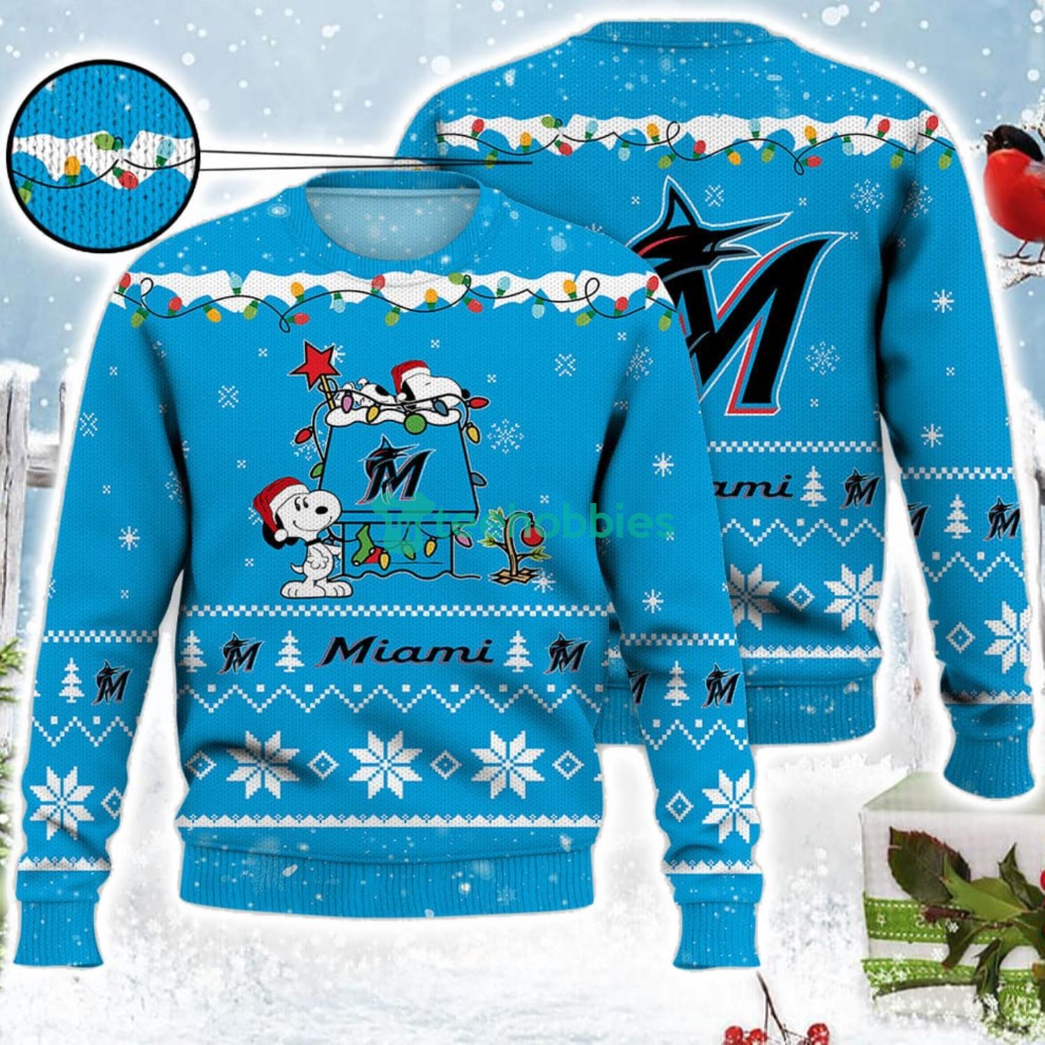 Miami Marlins Snoopy Christmas Light Woodstock Snoopy Ugly Christmas Sweater Product Photo 1