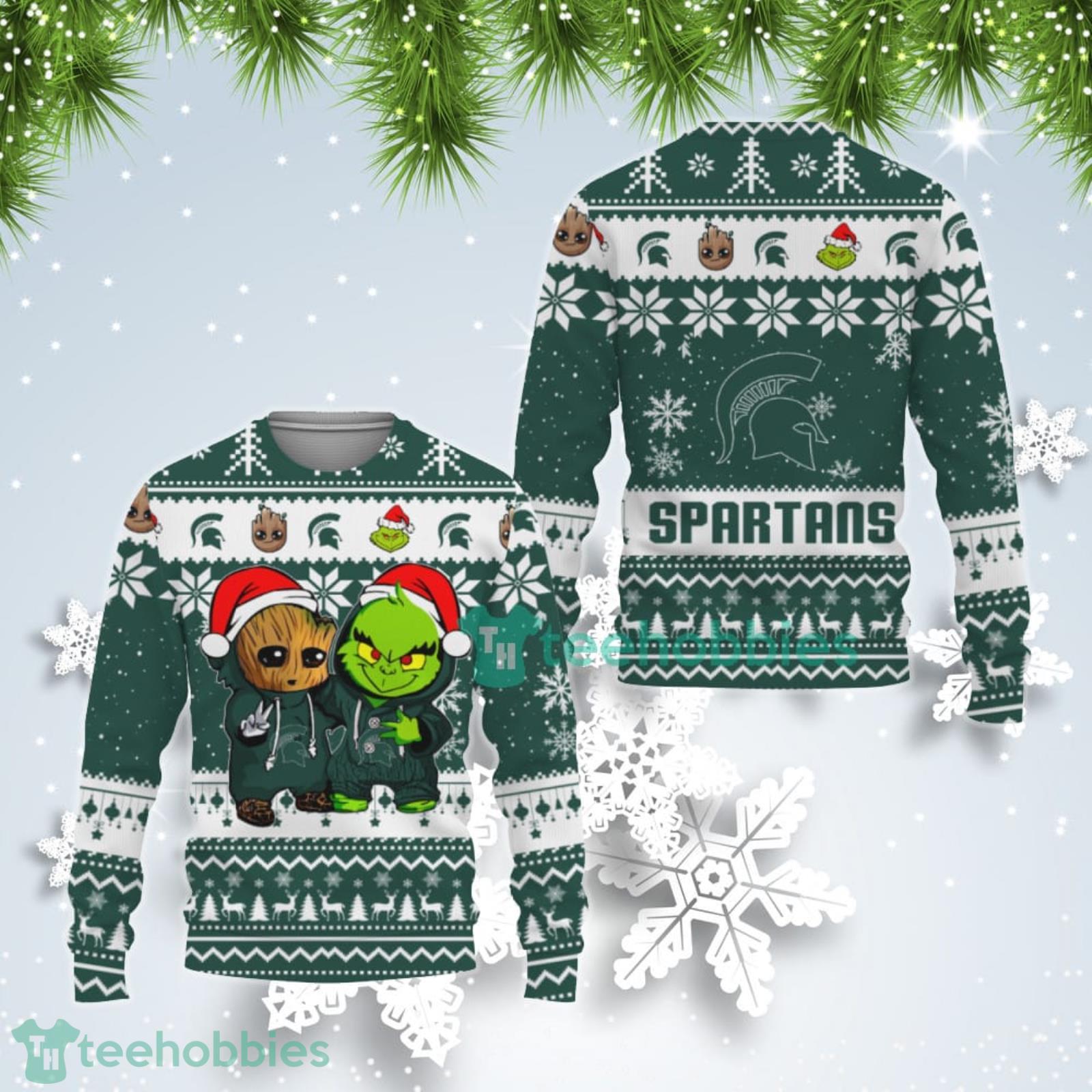 Michigan State Spartans Baby Groot And Grinch Best Friends Ugly Christmas Sweater Product Photo 1