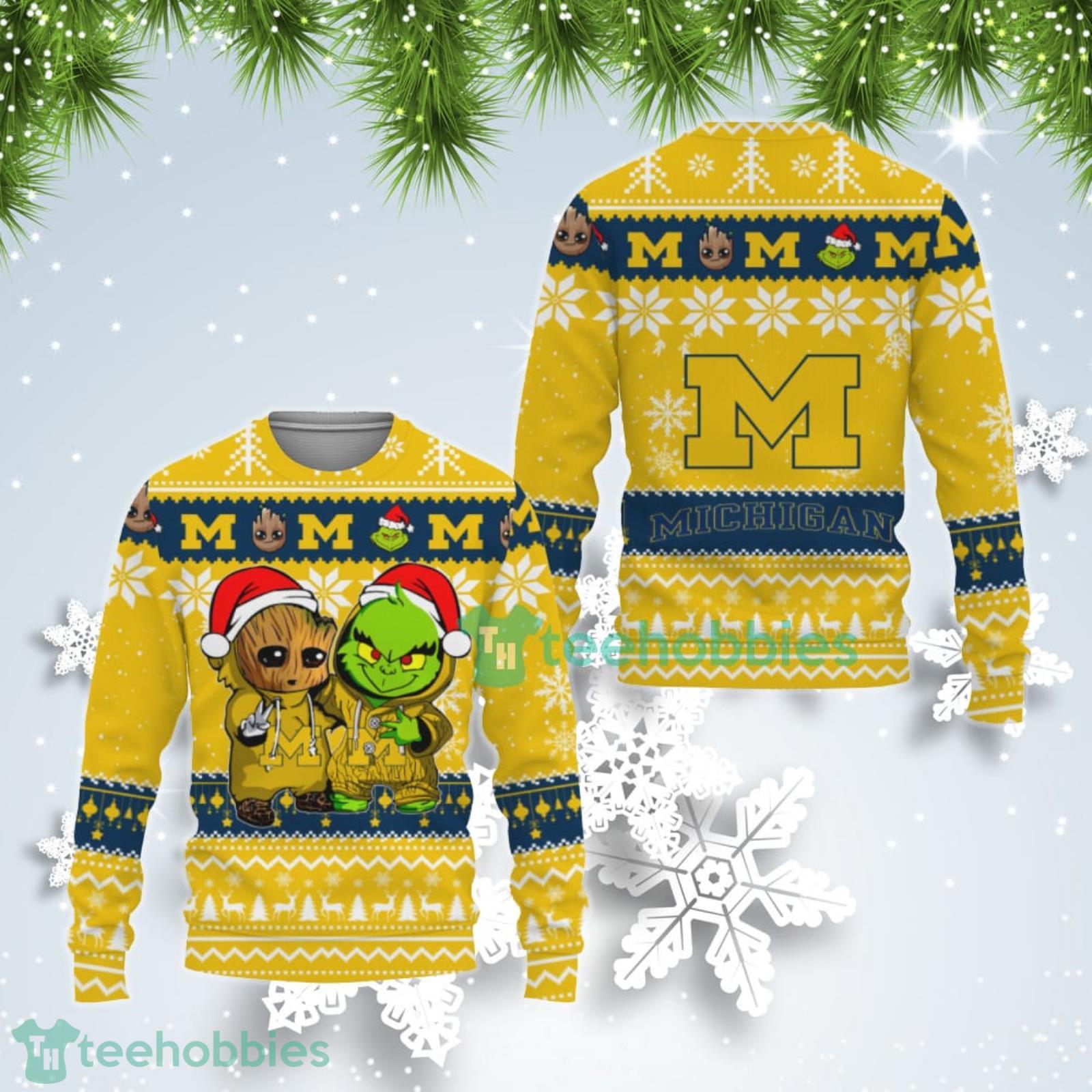 Michigan Wolverines Baby Groot And Grinch Best Friends Ugly Christmas Sweater Product Photo 1