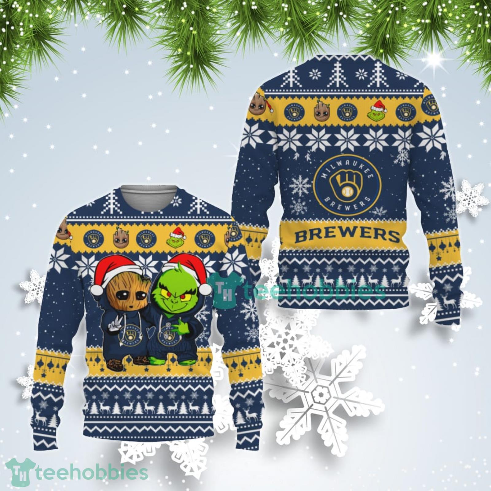 Milwaukee Brewers Baby Groot And Grinch Best Friends Ugly Christmas Sweater Product Photo 1