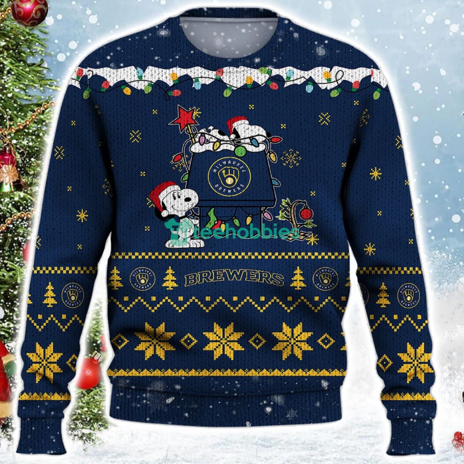 Milwaukee Brewers Snoopy Christmas Light Woodstock Snoopy Ugly Christmas Sweater Product Photo 2