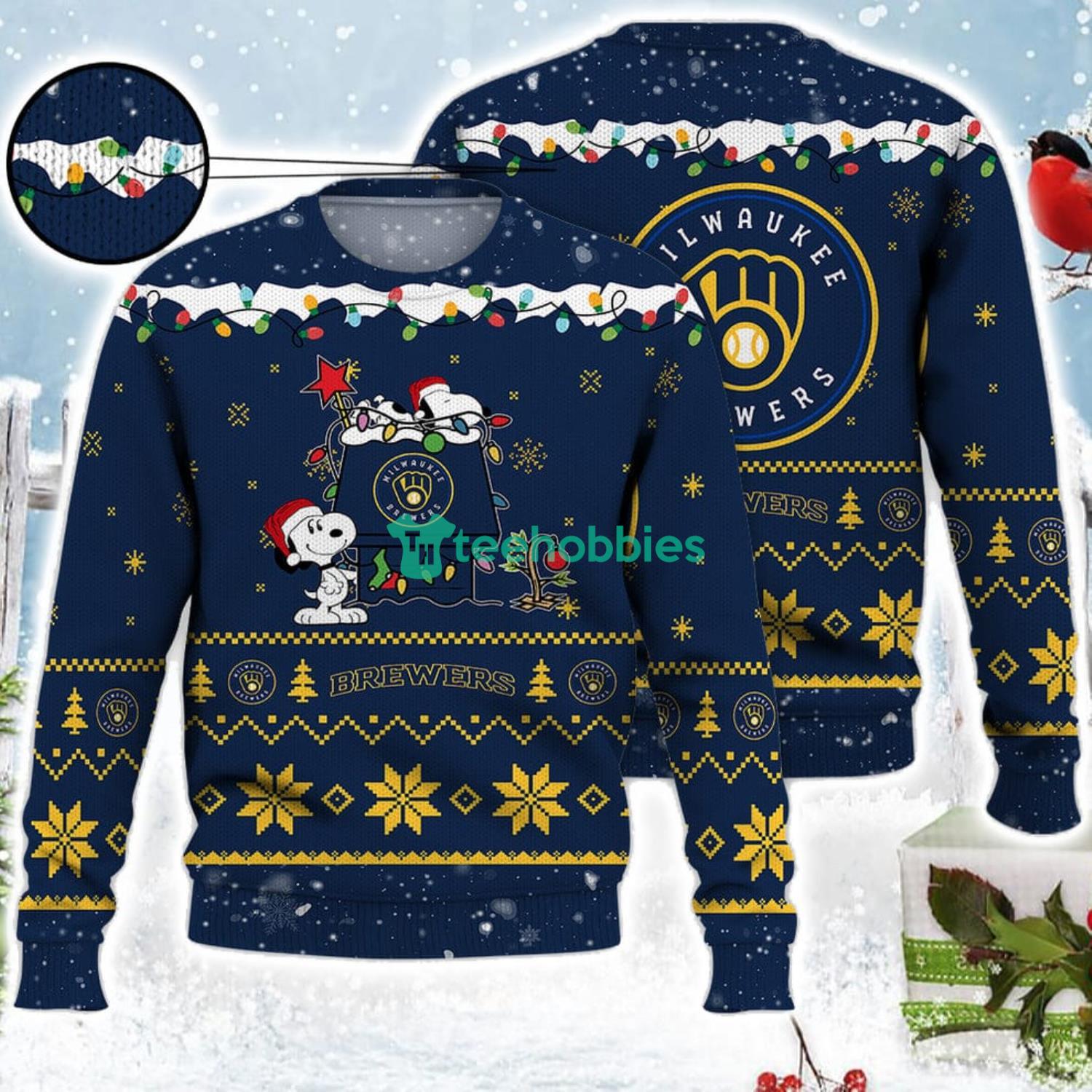 Milwaukee Brewers Snoopy Christmas Light Woodstock Snoopy Ugly Christmas Sweater Product Photo 1