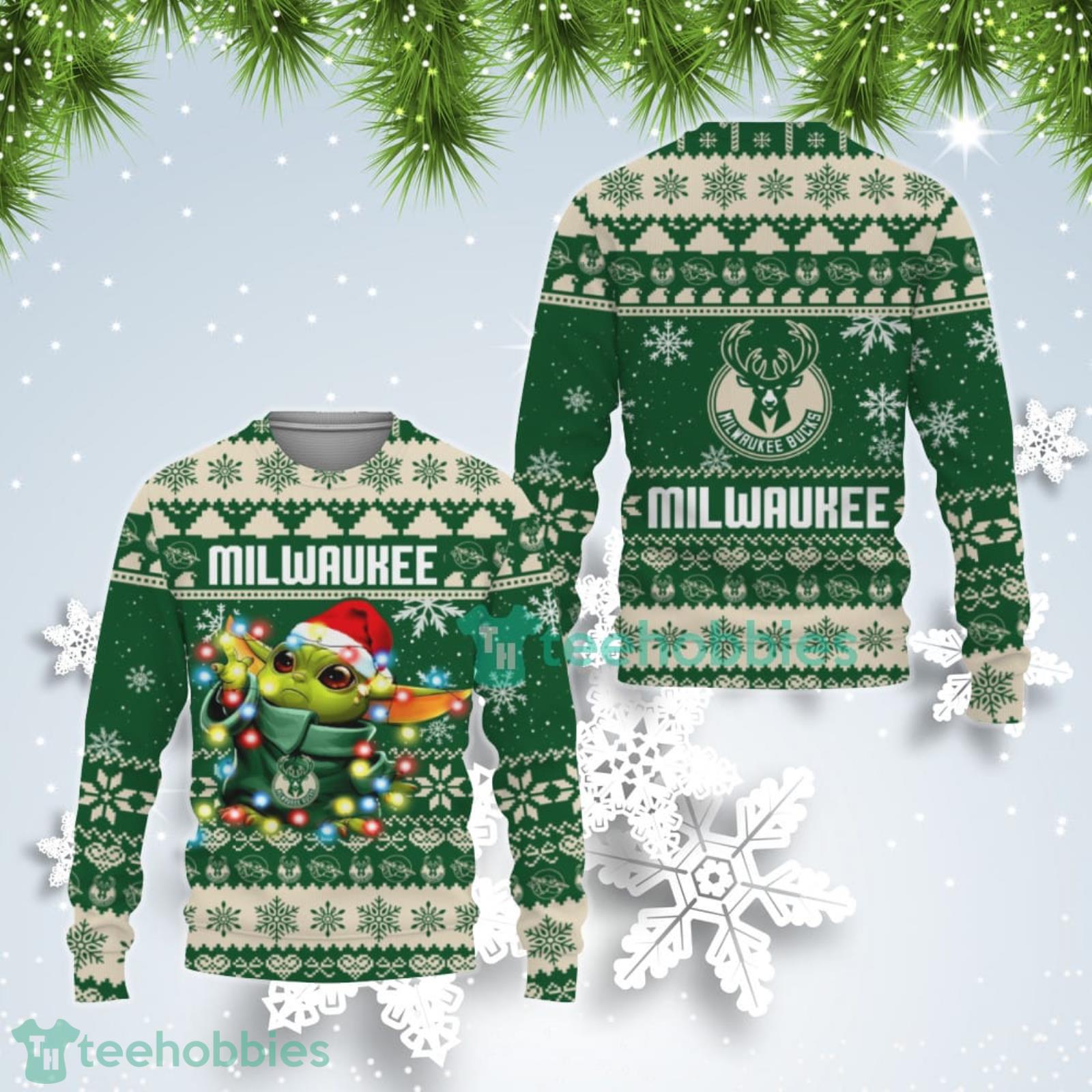 Milwaukee Bucks Cute Baby Yoda Star Wars Ugly Christmas Sweater Product Photo 1