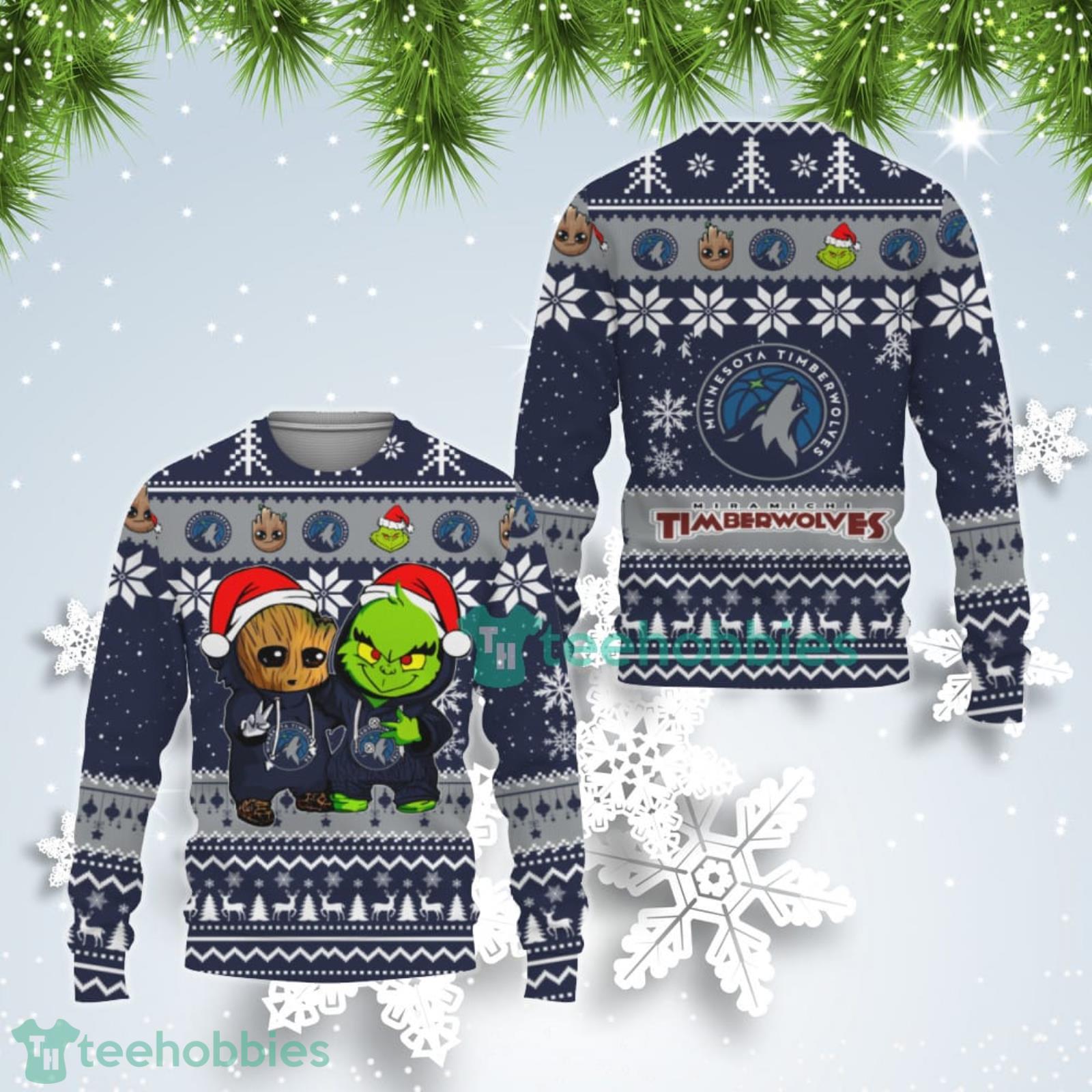 Minnesota Timberwolves Baby Groot And Grinch Best Friends Ugly Christmas Sweater Product Photo 1