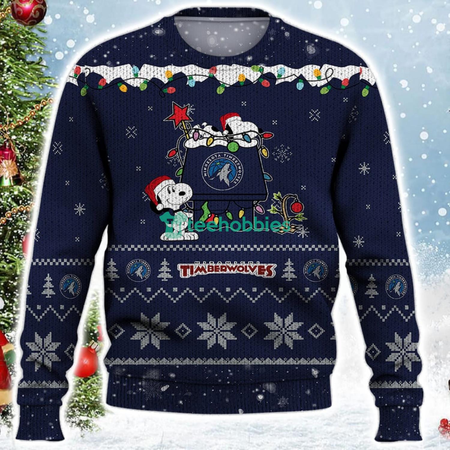 Minnesota Timberwolves Snoopy Christmas Light Woodstock Snoopy Ugly Christmas Sweater Product Photo 2