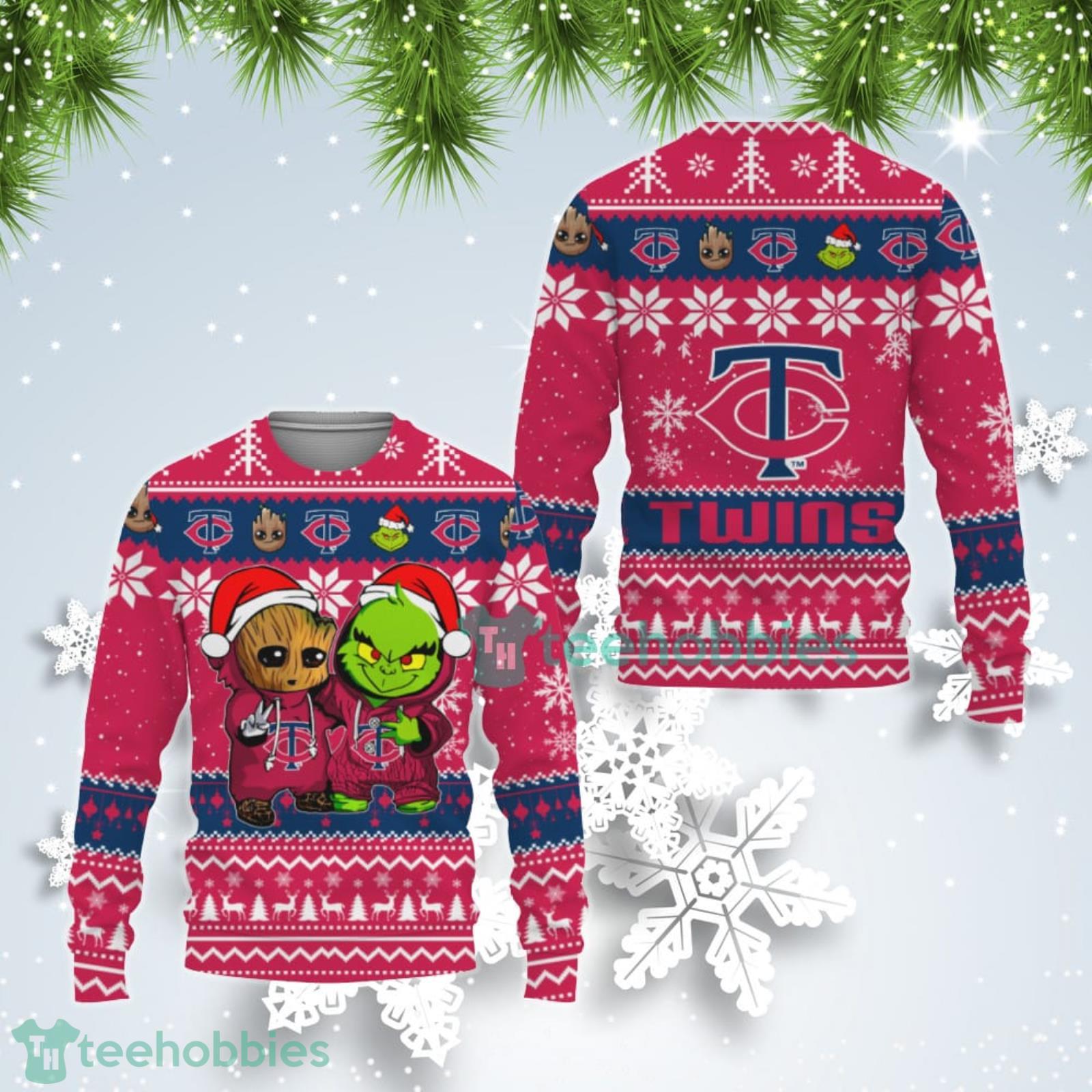 Minnesota Twins Baby Groot And Grinch Best Friends Ugly Christmas Sweater Product Photo 1