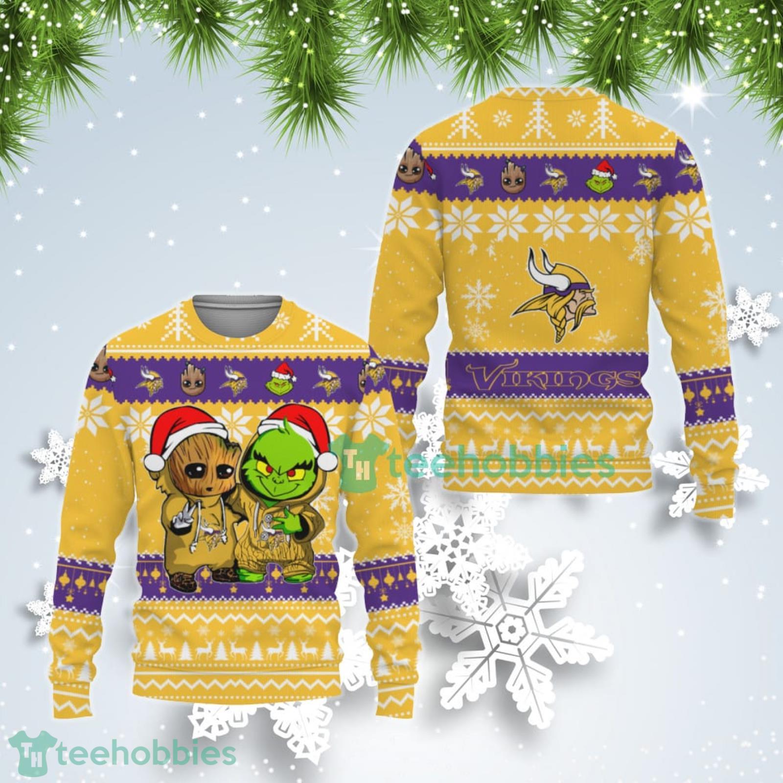 Minnesota Vikings Baby Groot And Grinch Best Friends Ugly Christmas Sweater Product Photo 1