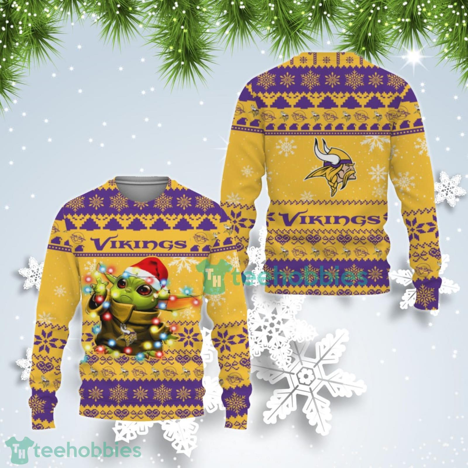 Minnesota Vikings Cute Baby Yoda Star Wars Ugly Christmas Sweater Product Photo 1