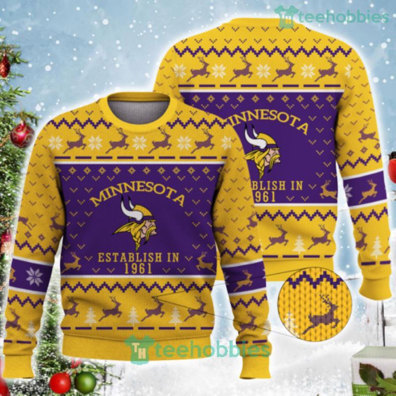 Minnesota Vikings Establish In 1961 Snowflake Reindeer Pattern Yellow Ugly Christmas Sweater Product Photo 1 Minnesota Vikings Establish In 1961 Snowflake Reindeer Pattern Yellow Ugly Christmas Sweater Product Photo 1