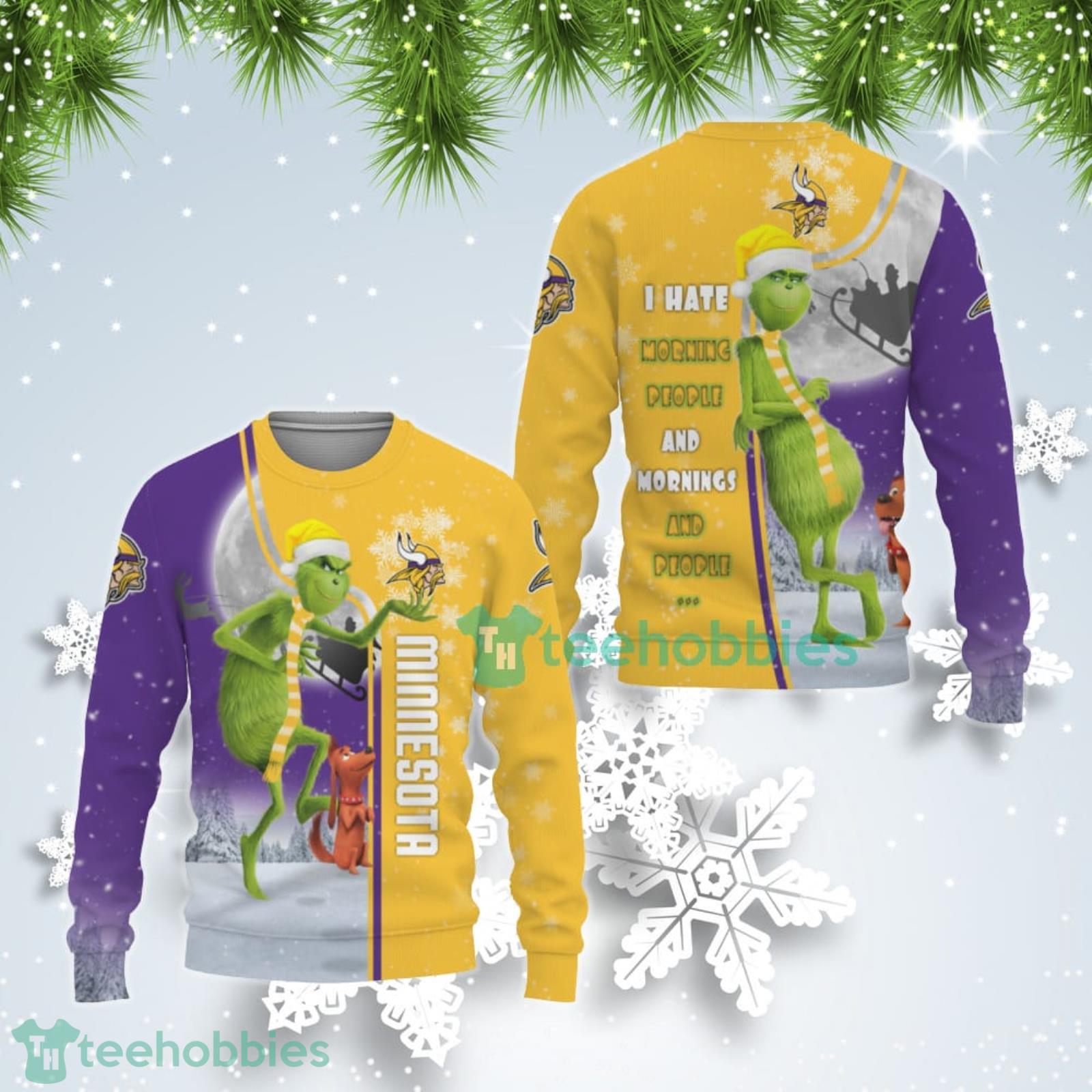 Minnesota Vikings Funny Grinch I Hate Morning People Ugly Christmas Sweater Product Photo 1