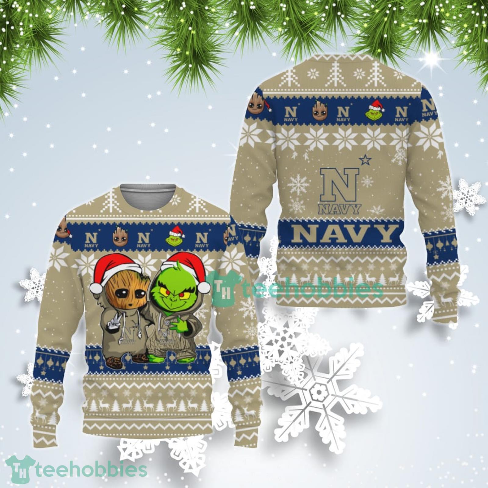 Navy Midshipmen Baby Groot And Grinch Best Friends Ugly Christmas Sweater Product Photo 1
