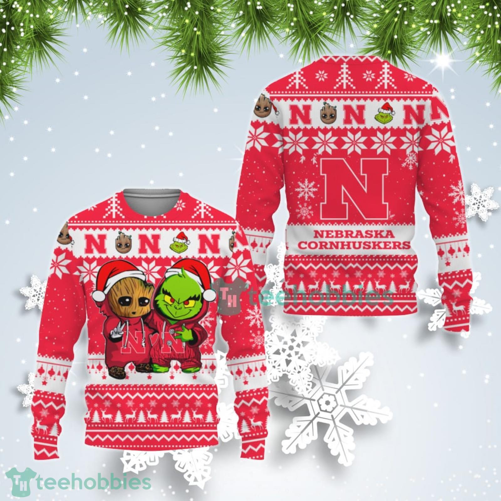 Nebraska Cornhuskers Baby Groot And Grinch Best Friends Ugly Christmas Sweater Product Photo 1