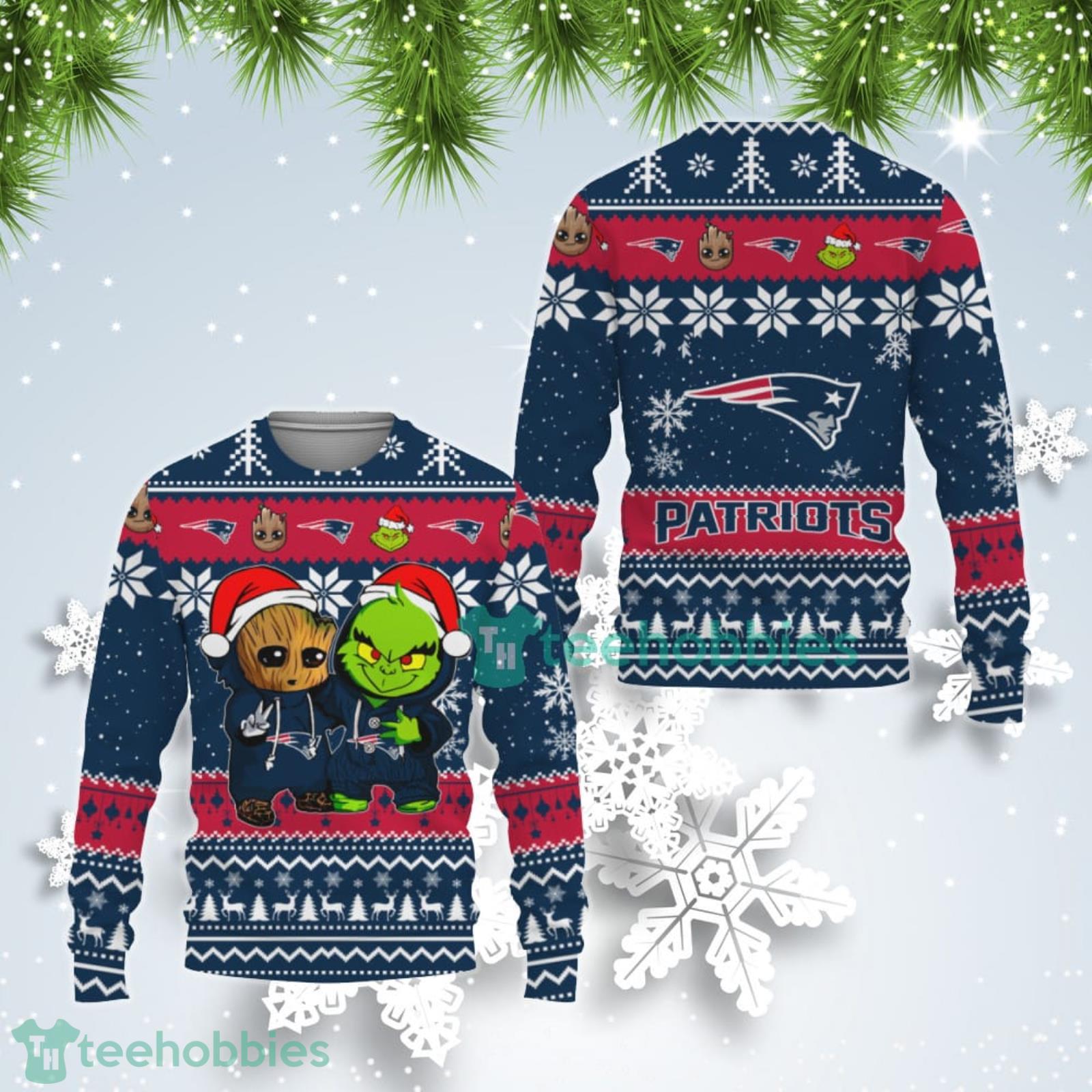 New England Patriots Baby Groot And Grinch Best Friends Ugly Christmas Sweater Product Photo 1