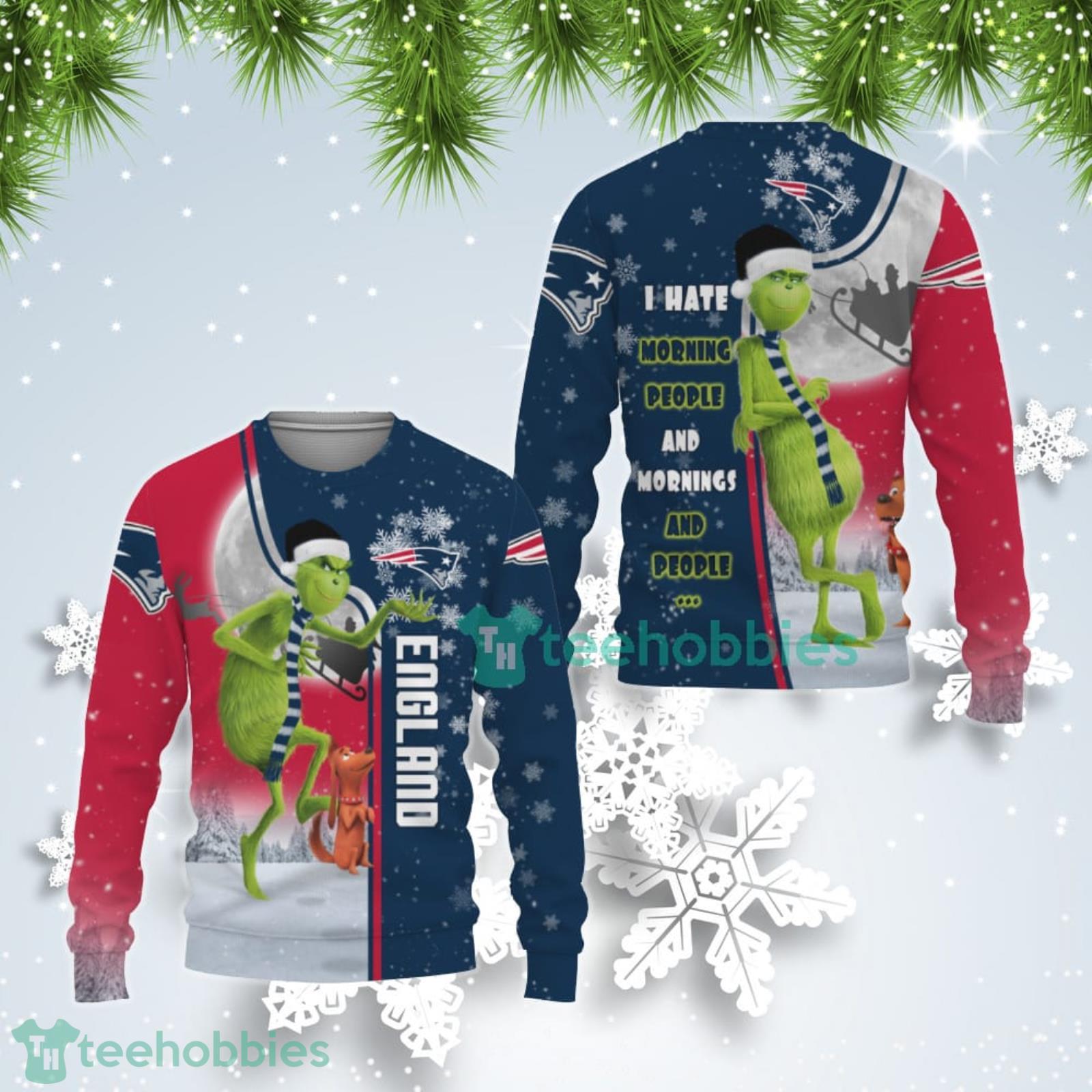 New England Patriots Funny Grinch I Hate Morning People Ugly Christmas Sweater Product Photo 1