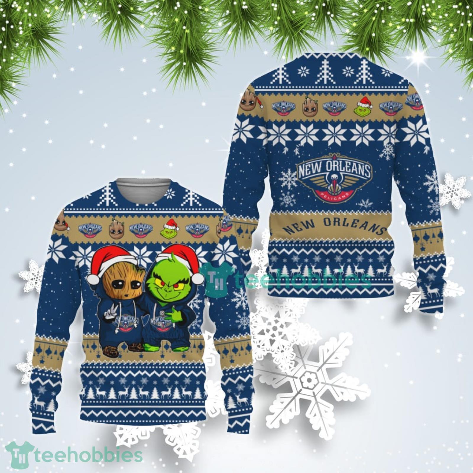 New Orlean Pelicans Baby Groot And Grinch Best Friends Ugly Christmas Sweater Product Photo 1
