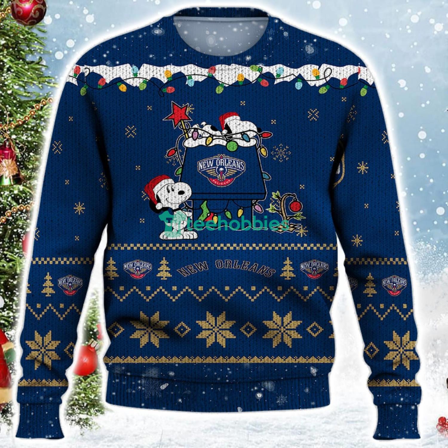 New Orlean Pelicans Snoopy Christmas Light Woodstock Snoopy Ugly Christmas Sweater Product Photo 2