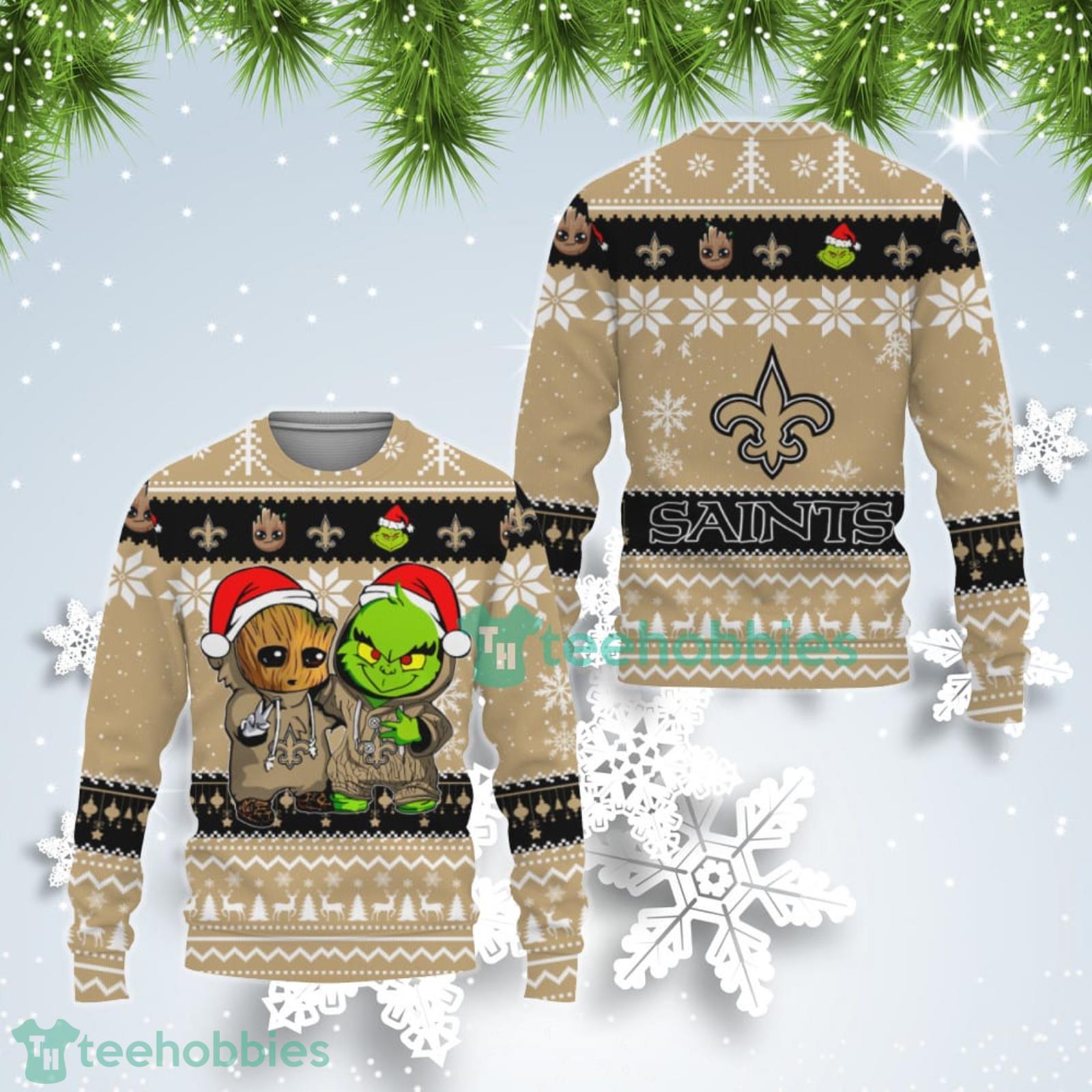 New Orleans Saints Baby Groot And Grinch Best Friends Ugly Christmas Sweater Product Photo 1