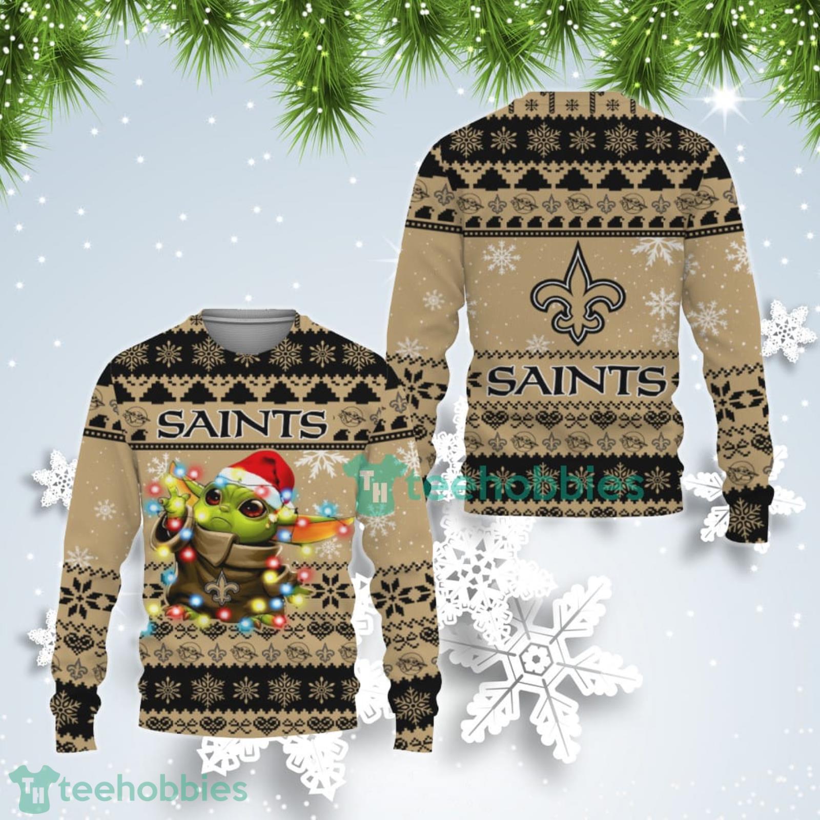 New Orleans Saints Cute Baby Yoda Star Wars Ugly Christmas Sweater Product Photo 1