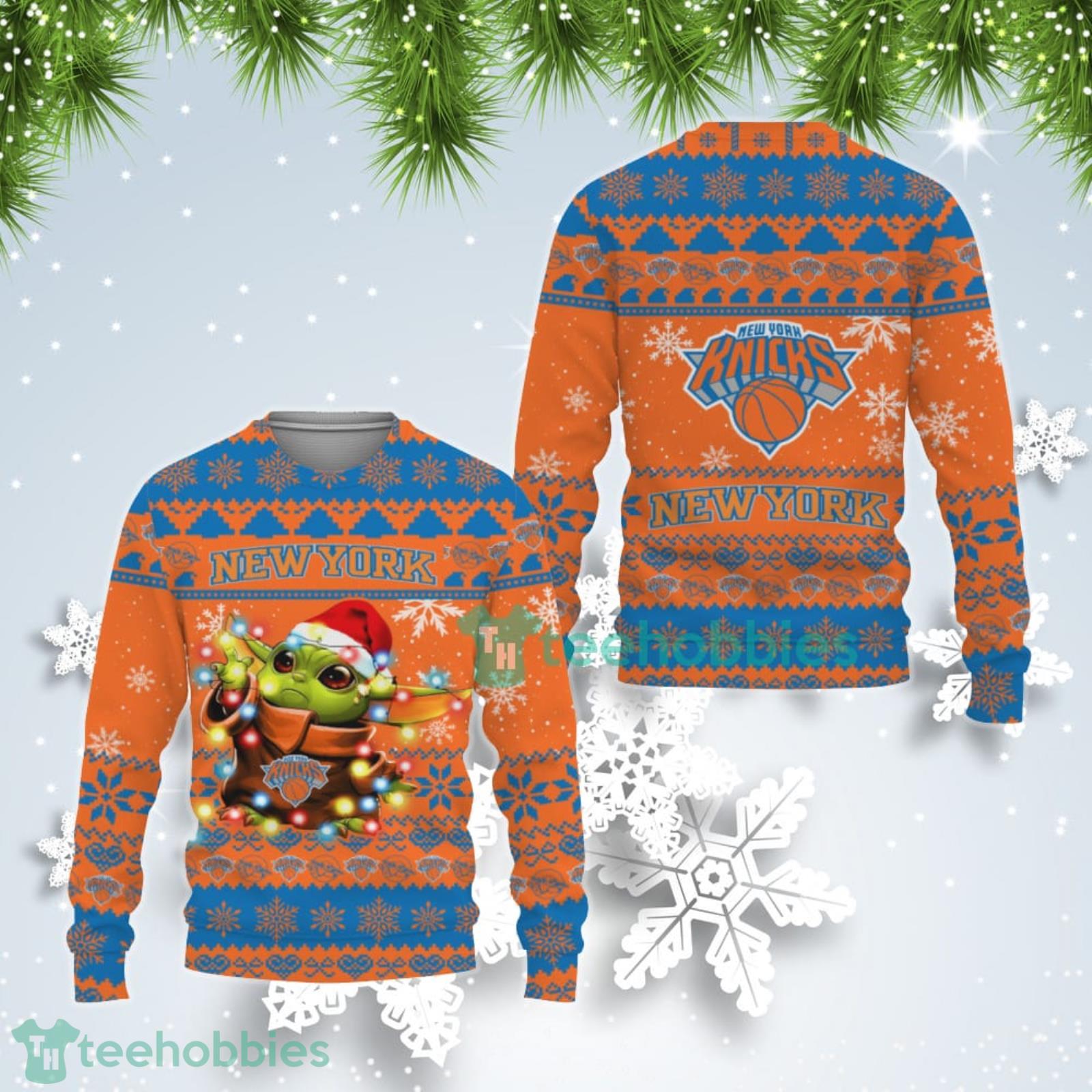 New York Knicks Cute Baby Yoda Star Wars Ugly Christmas Sweater Product Photo 1