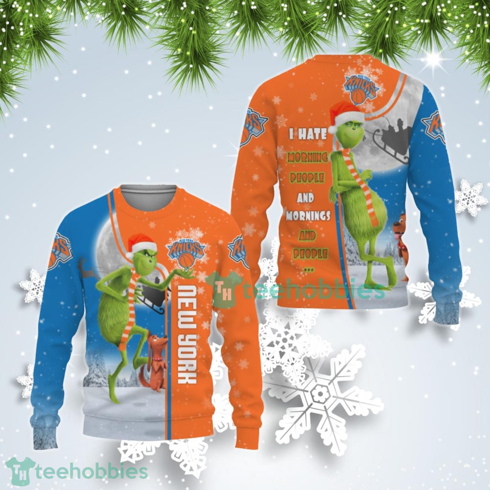 New York Knicks NBA Funny Grinch I Hate Morning People Ugly Christmas Sweater Product Photo 1