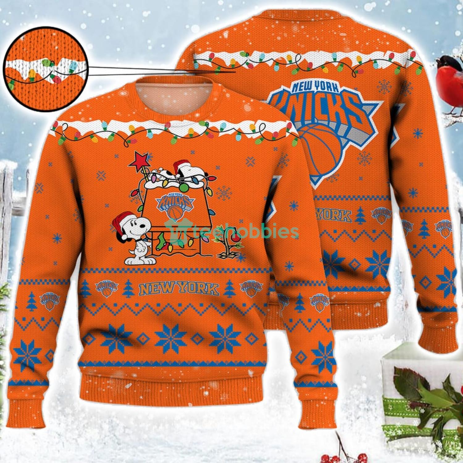 New York Knicks Snoopy Christmas Light Woodstock Snoopy Ugly Christmas Sweater Product Photo 1