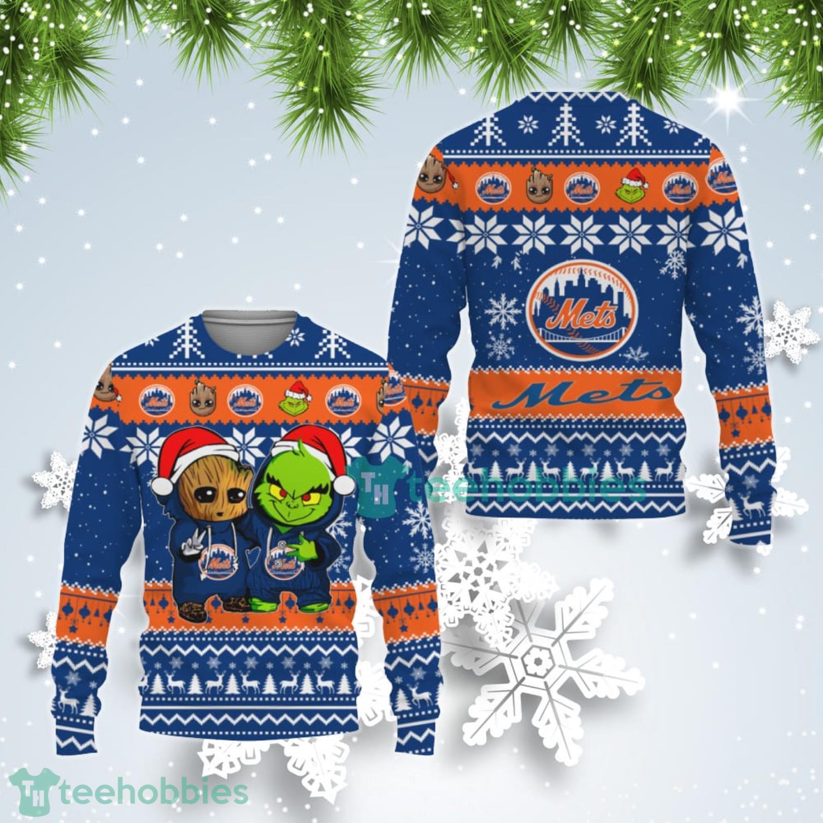 New York Mets Baby Groot And Grinch Best Friends Ugly Christmas Sweater Product Photo 1