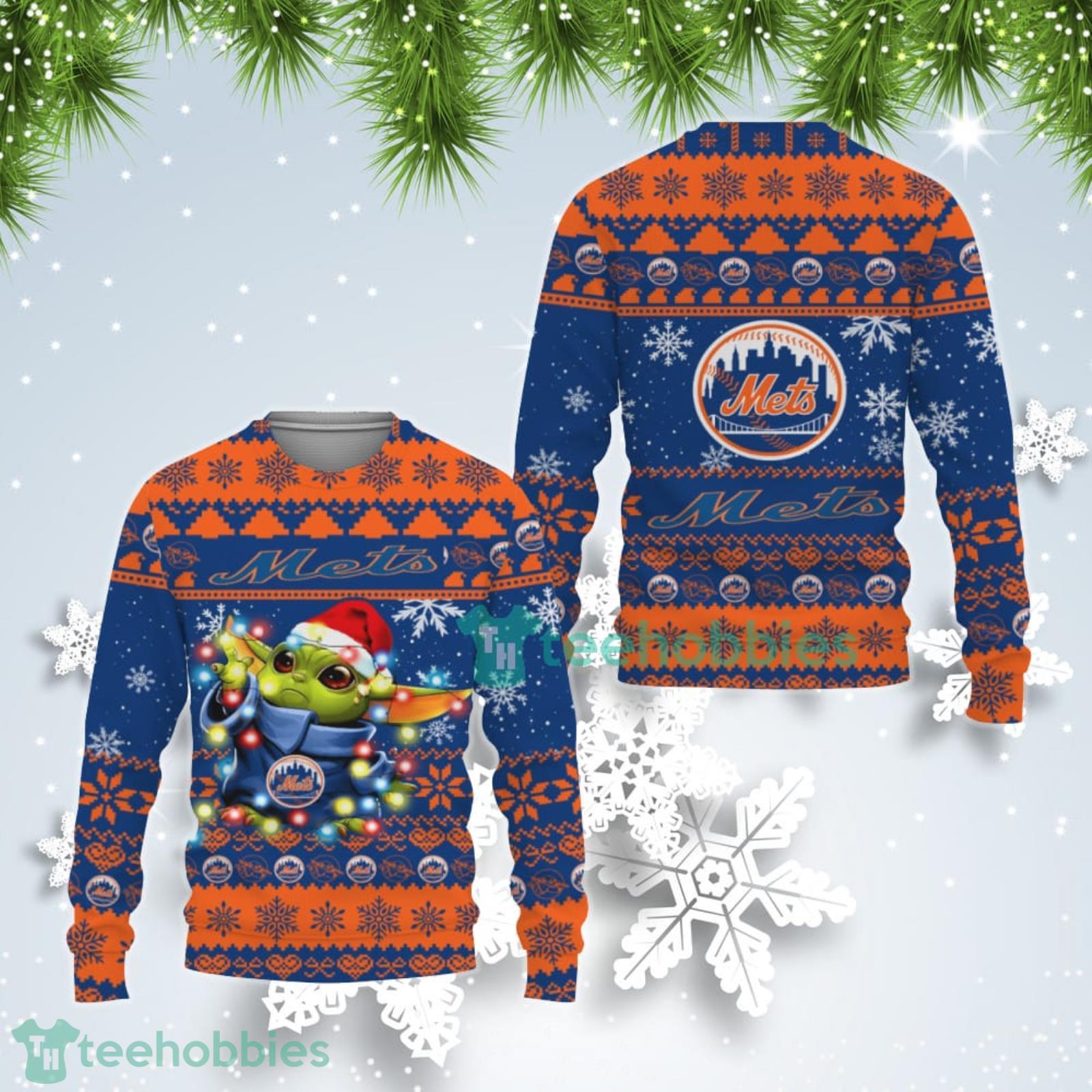 New York Mets Cute Baby Yoda Star Wars Ugly Christmas Sweater Product Photo 1