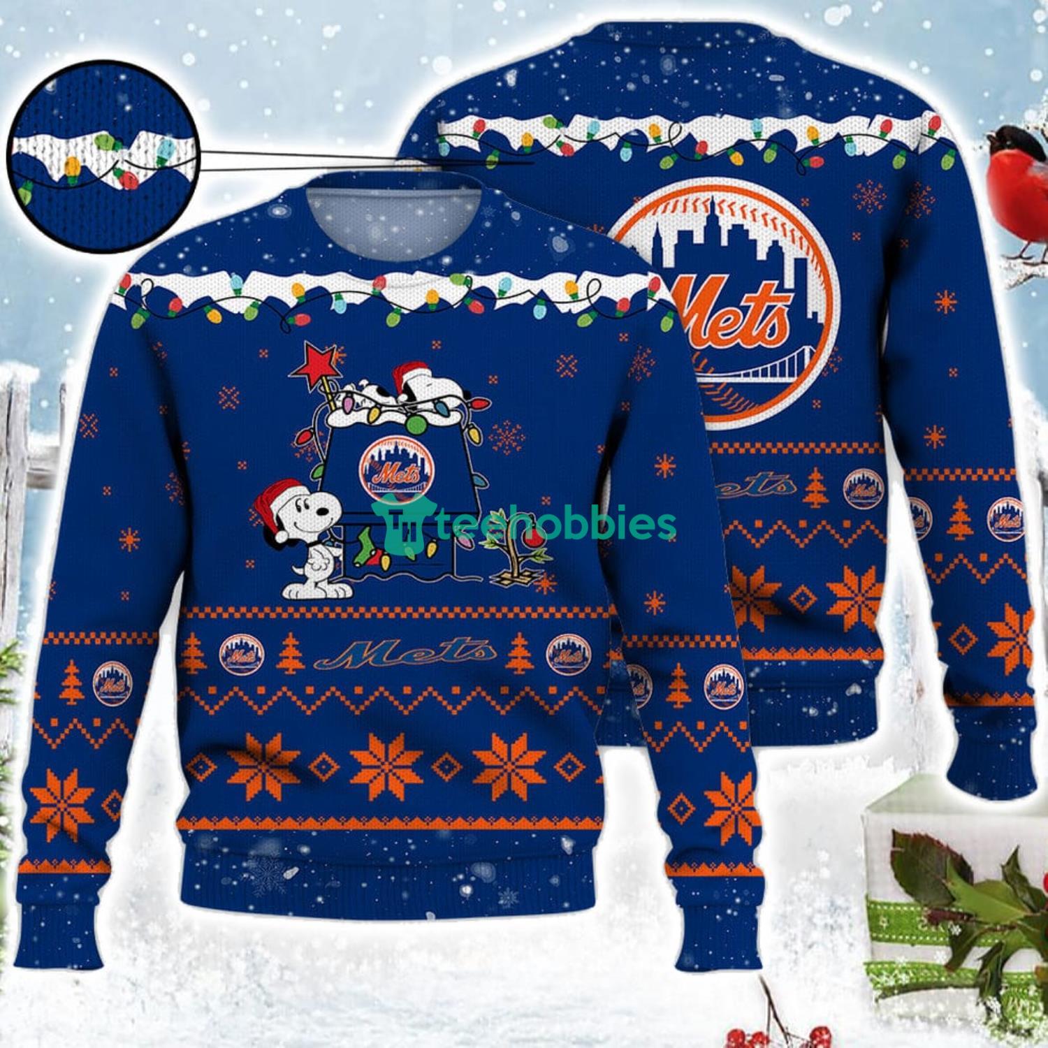 New York Mets Snoopy Christmas Light Woodstock Snoopy Ugly Christmas Sweater Product Photo 1