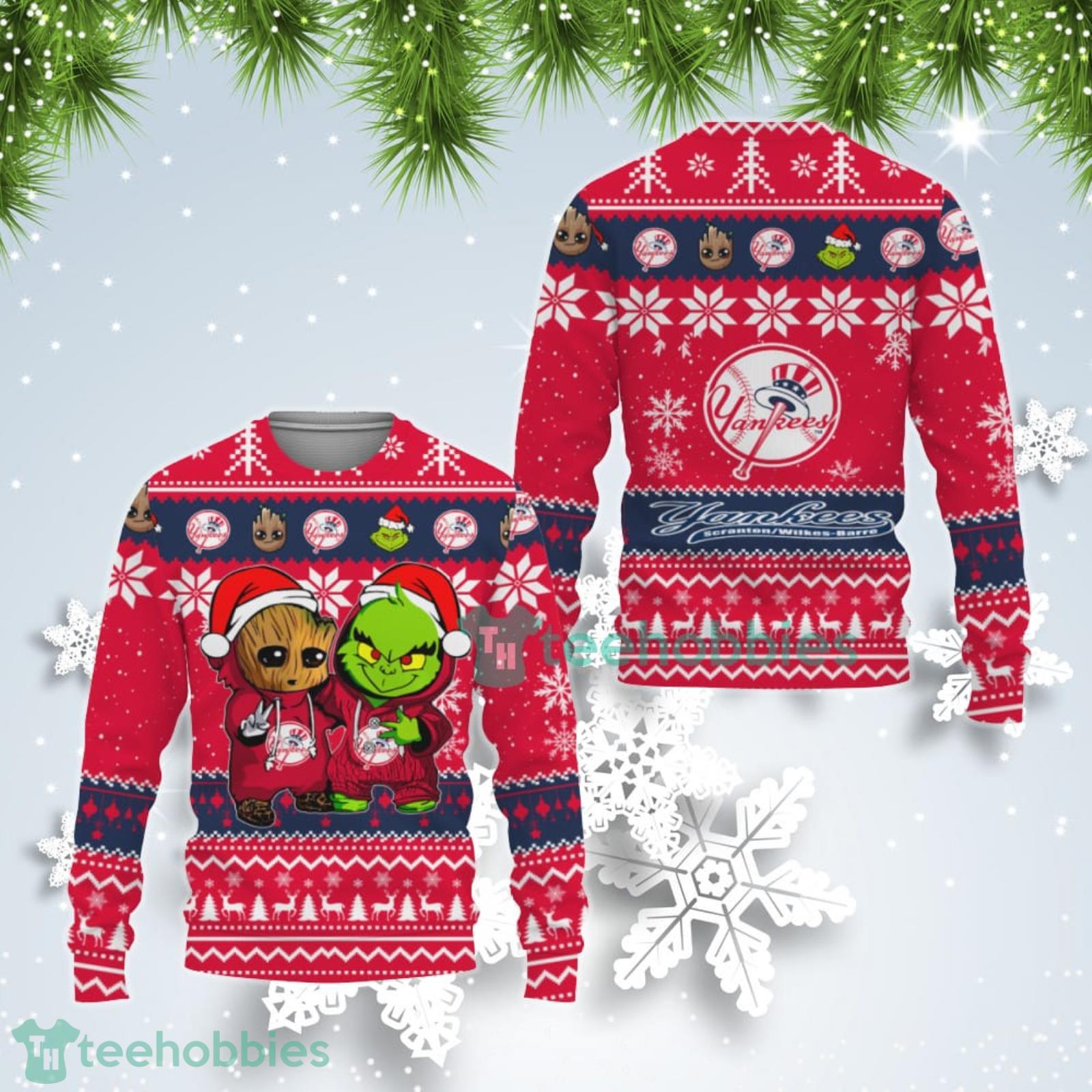 New York Yankees Baby Groot And Grinch Best Friends Ugly Christmas Sweater Product Photo 1