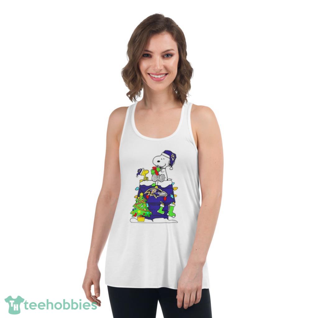 NFL Baltimore Ravens Snoopy and Woodstock Merry Christmas Shirt - Womens Flowy Racerback Tank